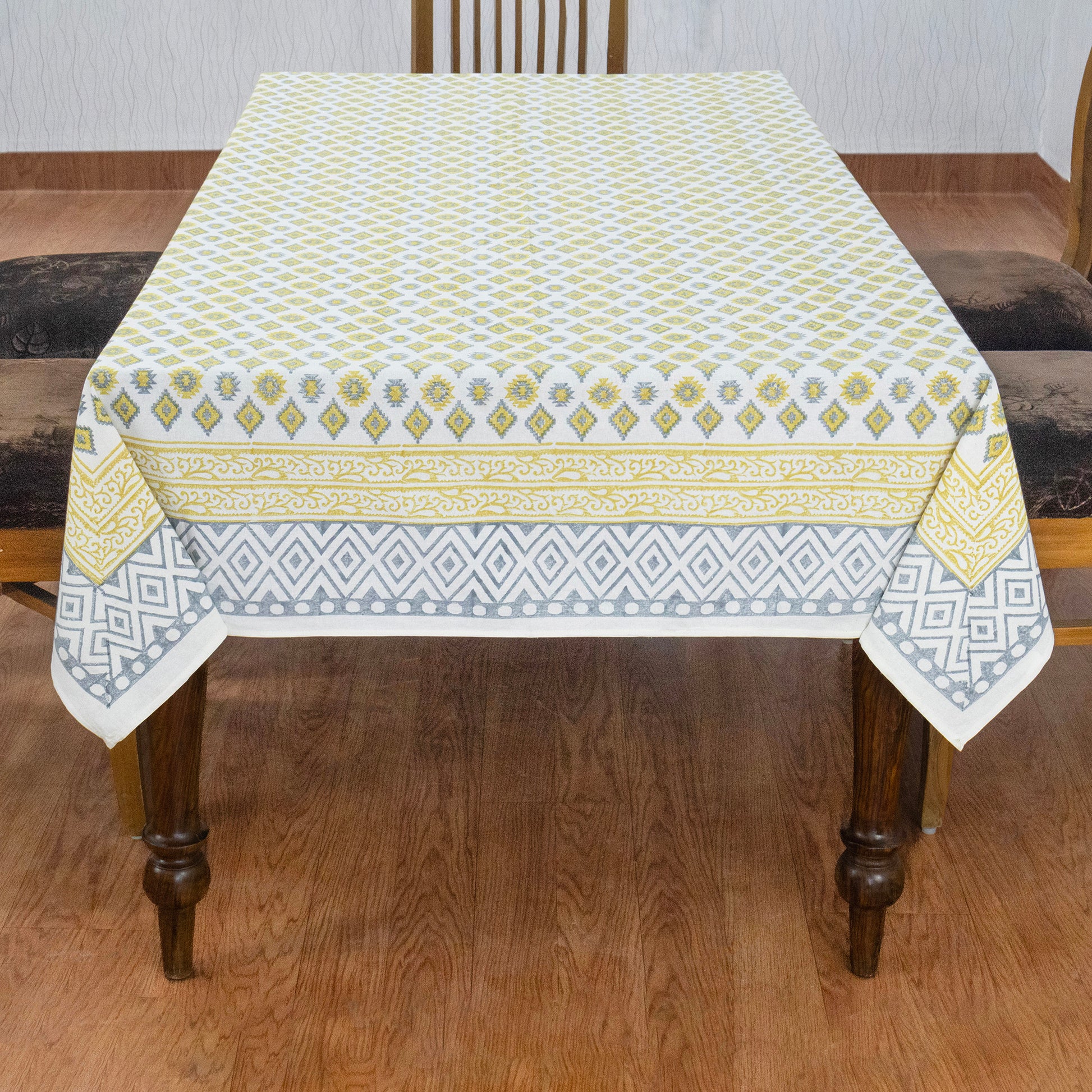 Indian Handmade Block Printed Cotton Yellow and Blue Rectangle Tablecloth - My Store