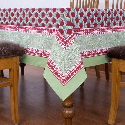 Red and Teal Green Indian Hand Block Floral Printed Tablecloth - My Store