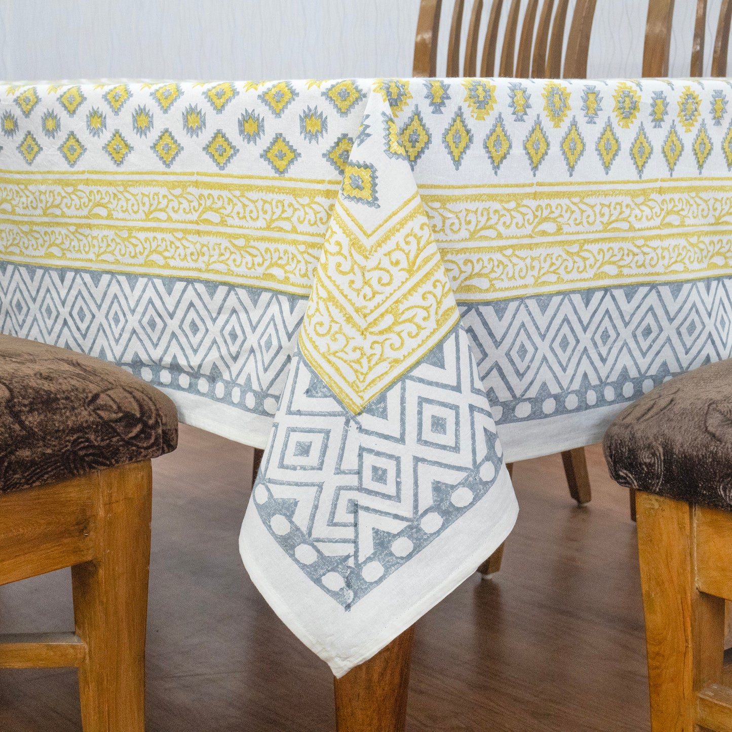 Indian Handmade Block Printed Cotton Yellow and Blue Rectangle Tablecloth - My Store