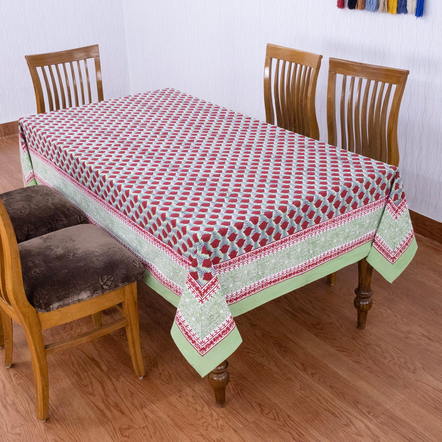 Red and Teal Green Indian Hand Block Floral Printed Tablecloth - My Store