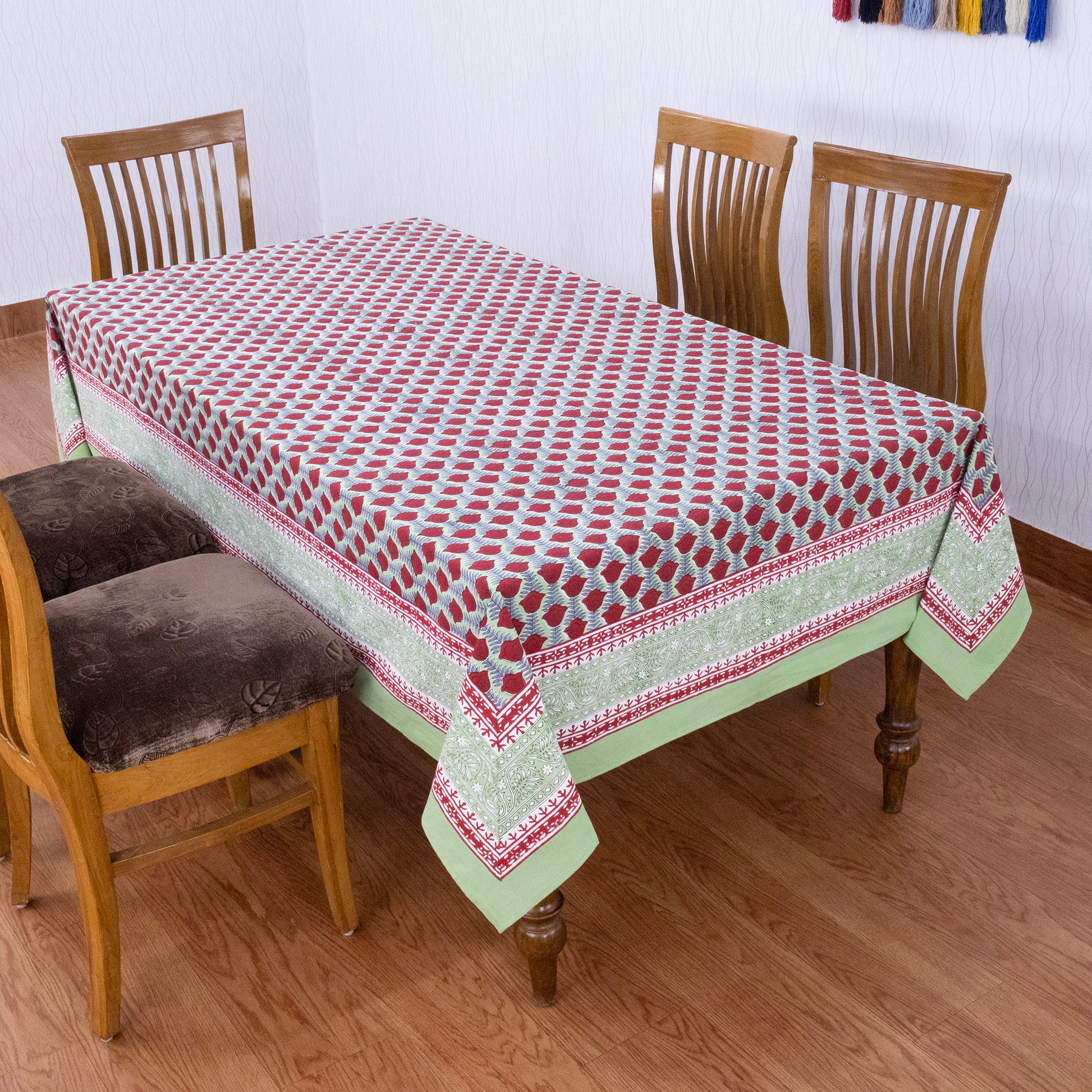 Red and Teal Green Indian Hand Block Floral Printed Tablecloth - My Store
