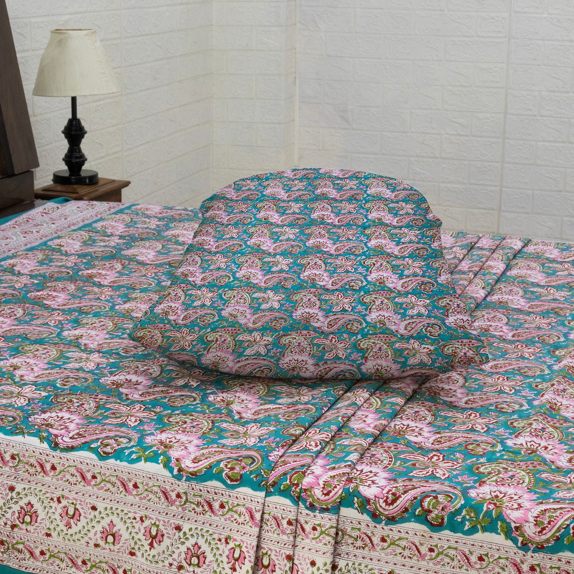 Cotton Bedsheet – Hand Block Floral Print – Green and Pink – King, Queen, Twin Sizes - My Store