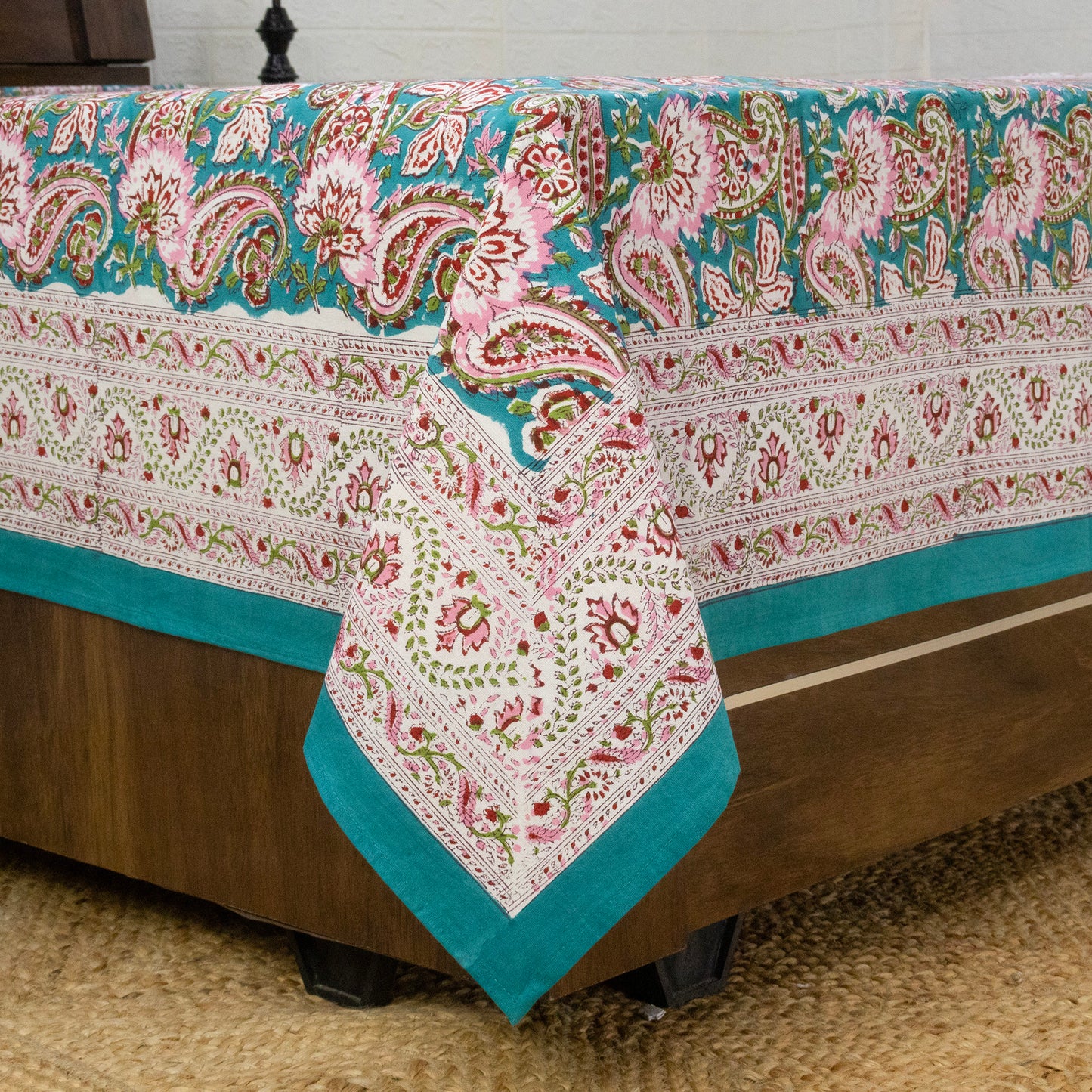 Cotton Bedsheet – Hand Block Floral Print – Green and Pink – King, Queen, Twin Sizes - My Store