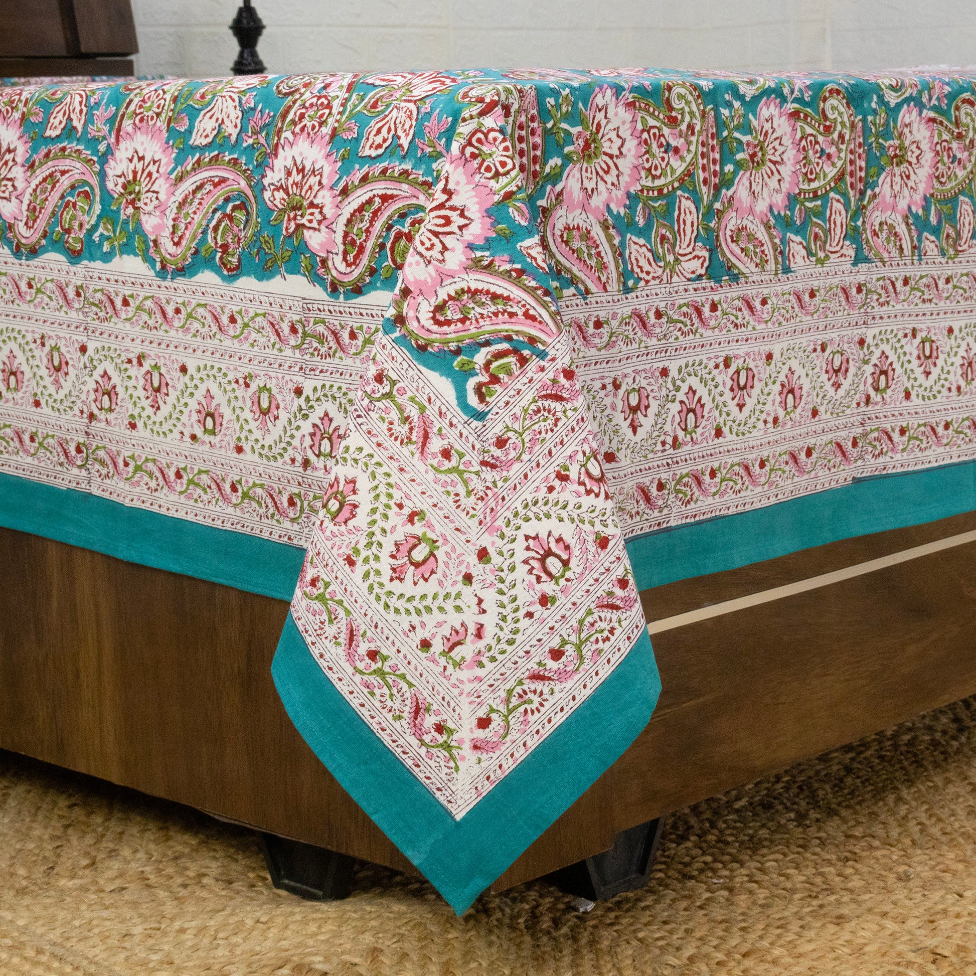 Cotton Bedsheet – Hand Block Floral Print – Green and Pink – King, Queen, Twin Sizes - My Store