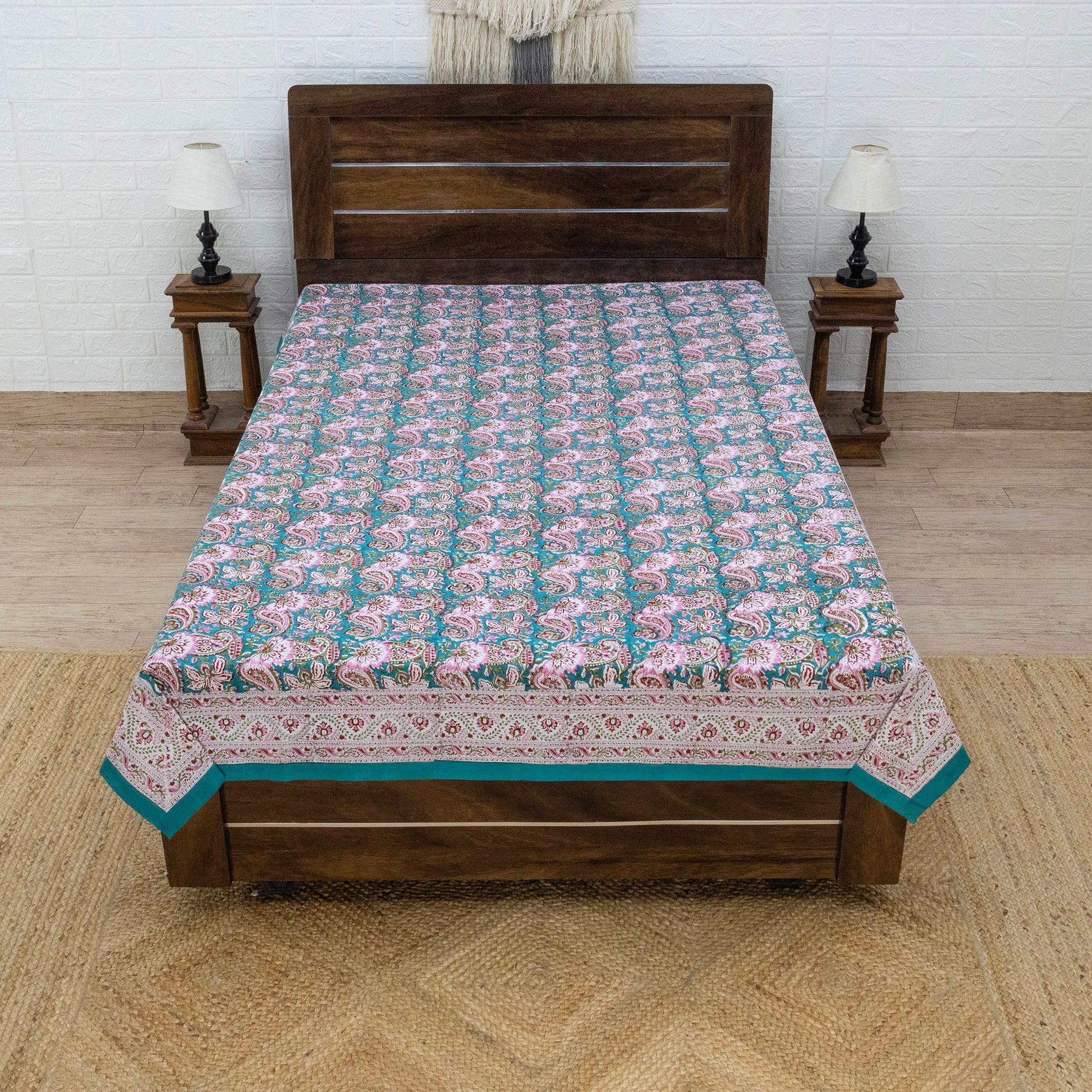 Cotton Bedsheet – Hand Block Floral Print – Green and Pink – King, Queen, Twin Sizes - My Store