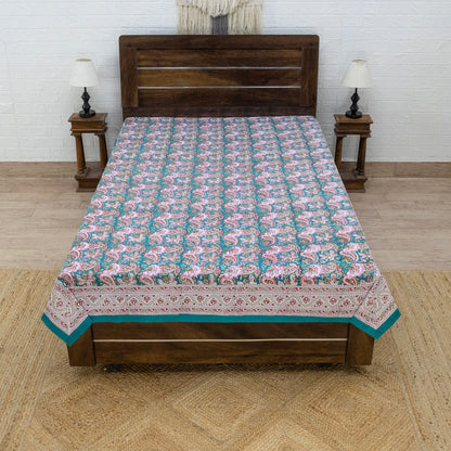 Cotton Bedsheet – Hand Block Floral Print – Green and Pink – King, Queen, Twin Sizes - My Store