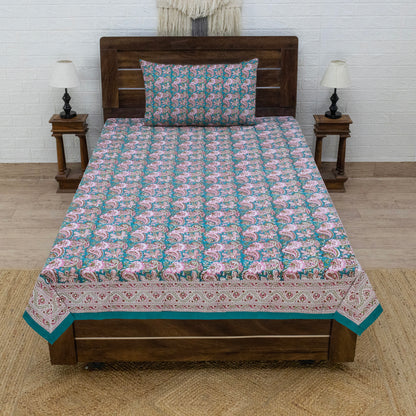 Cotton Bedsheet – Hand Block Floral Print – Green and Pink – King, Queen, Twin Sizes - My Store