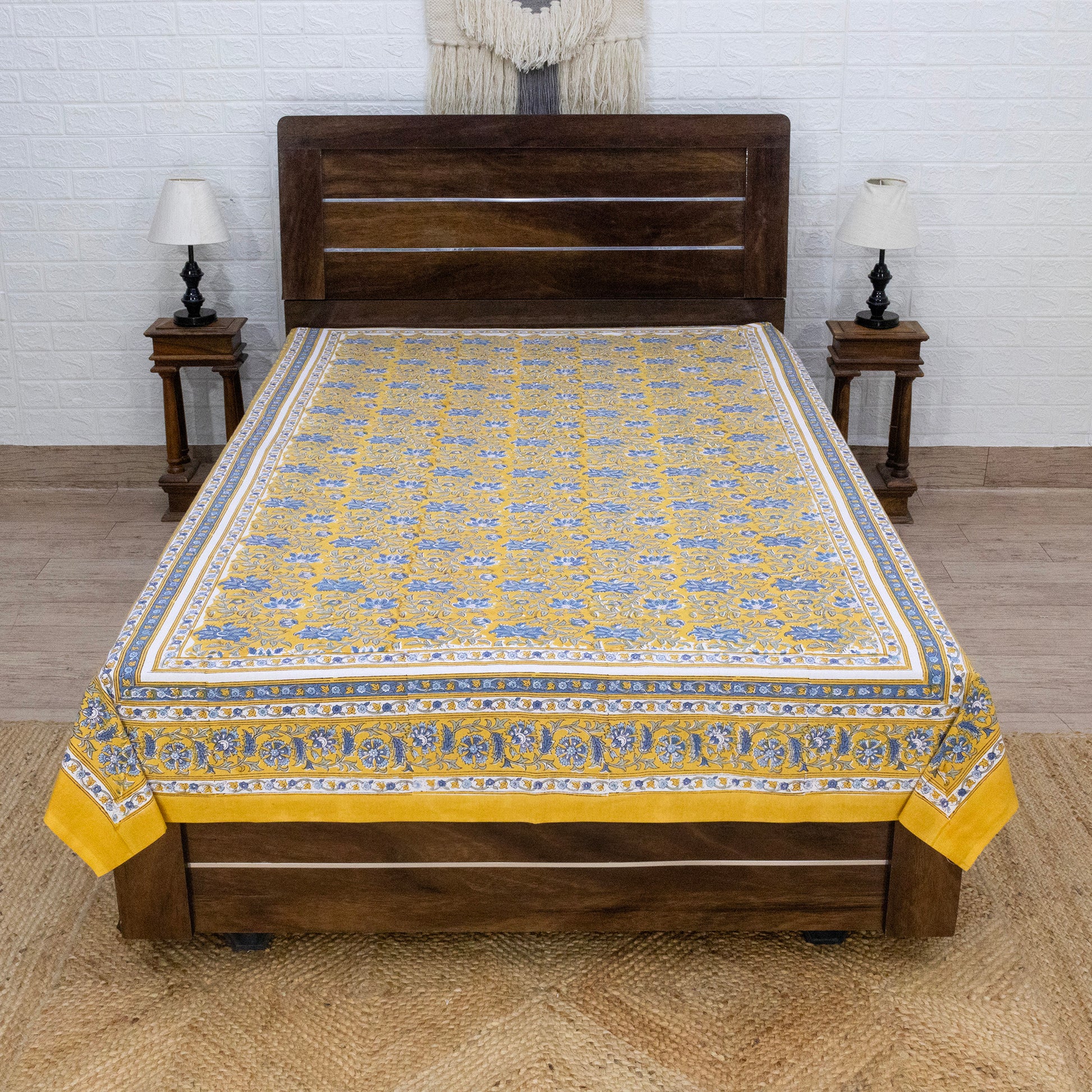 Cotton Bedsheet – Hand Block Floral Print – Yellow and Blue – King, Queen, Twin Sizes - My Store