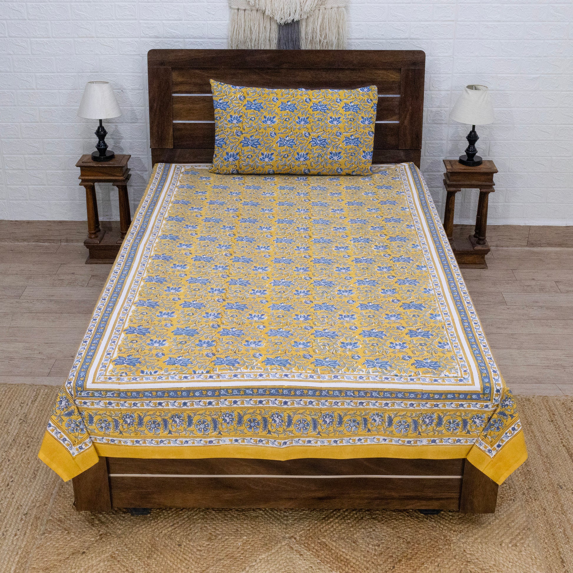 Cotton Bedsheet – Hand Block Floral Print – Yellow and Blue – King, Queen, Twin Sizes - My Store