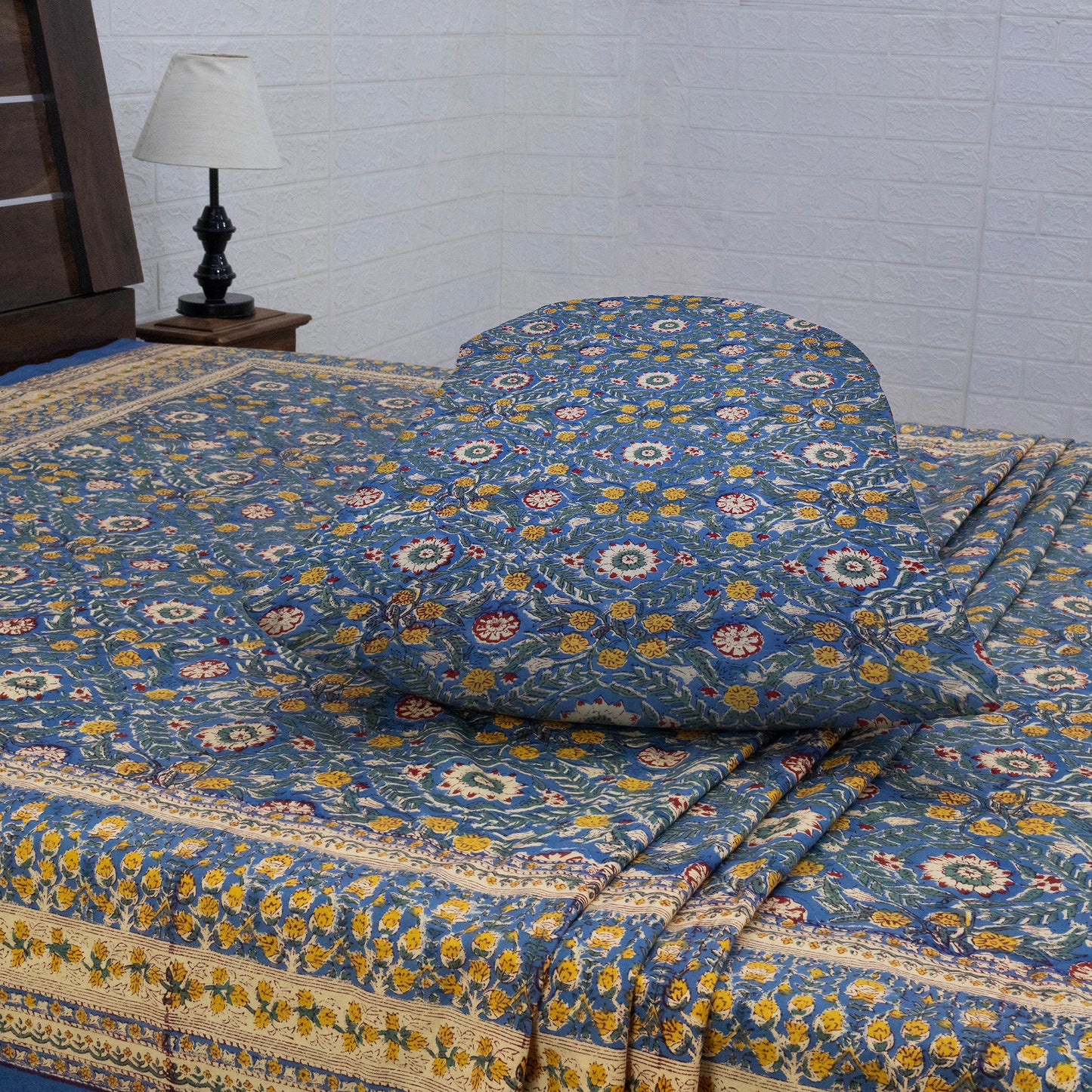 Cotton Bedsheet – Hand Block Floral Print – Blue and Yellow – King, Queen, Twin Sizes - My Store
