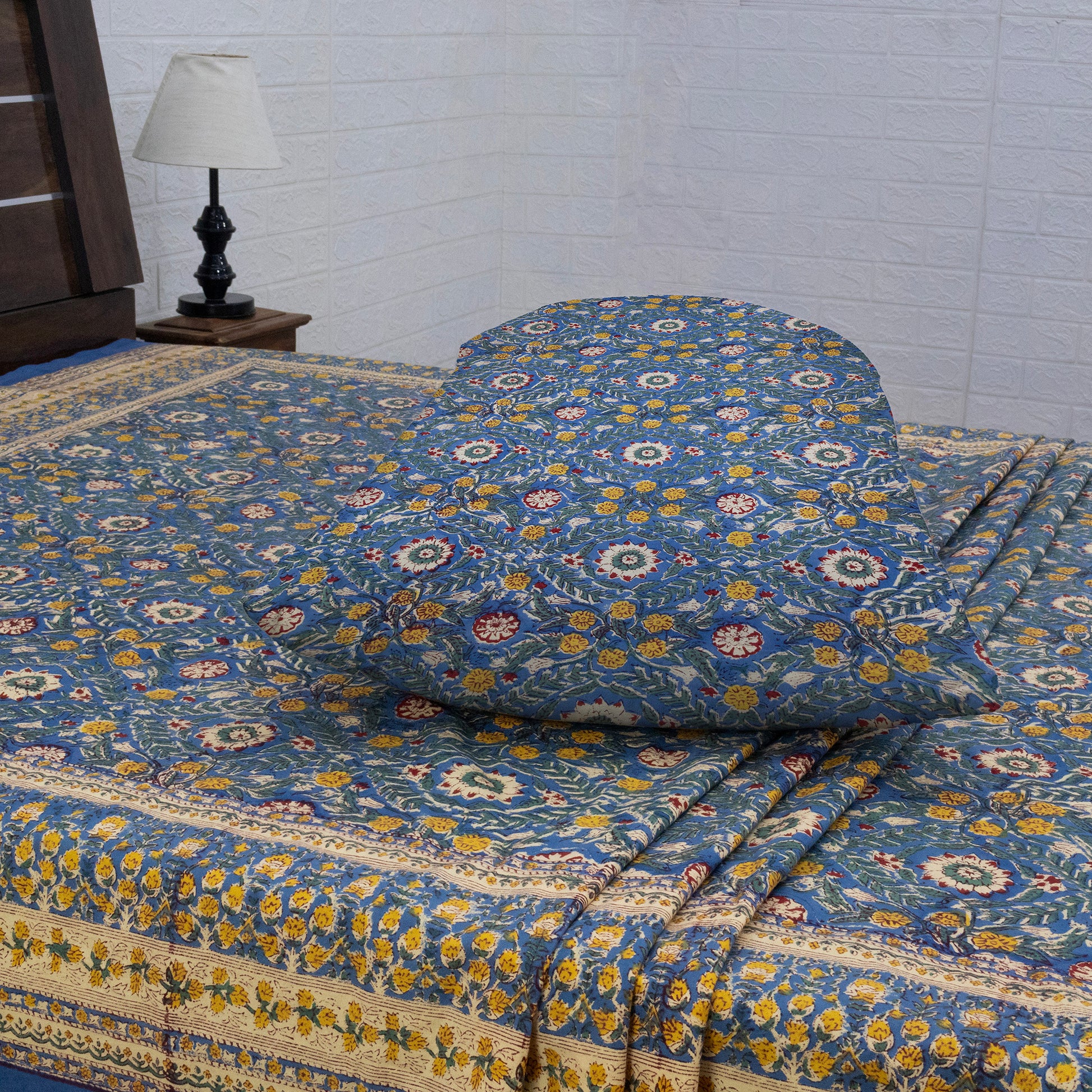 Cotton Bedsheet – Hand Block Floral Print – Blue and Yellow – King, Queen, Twin Sizes - My Store