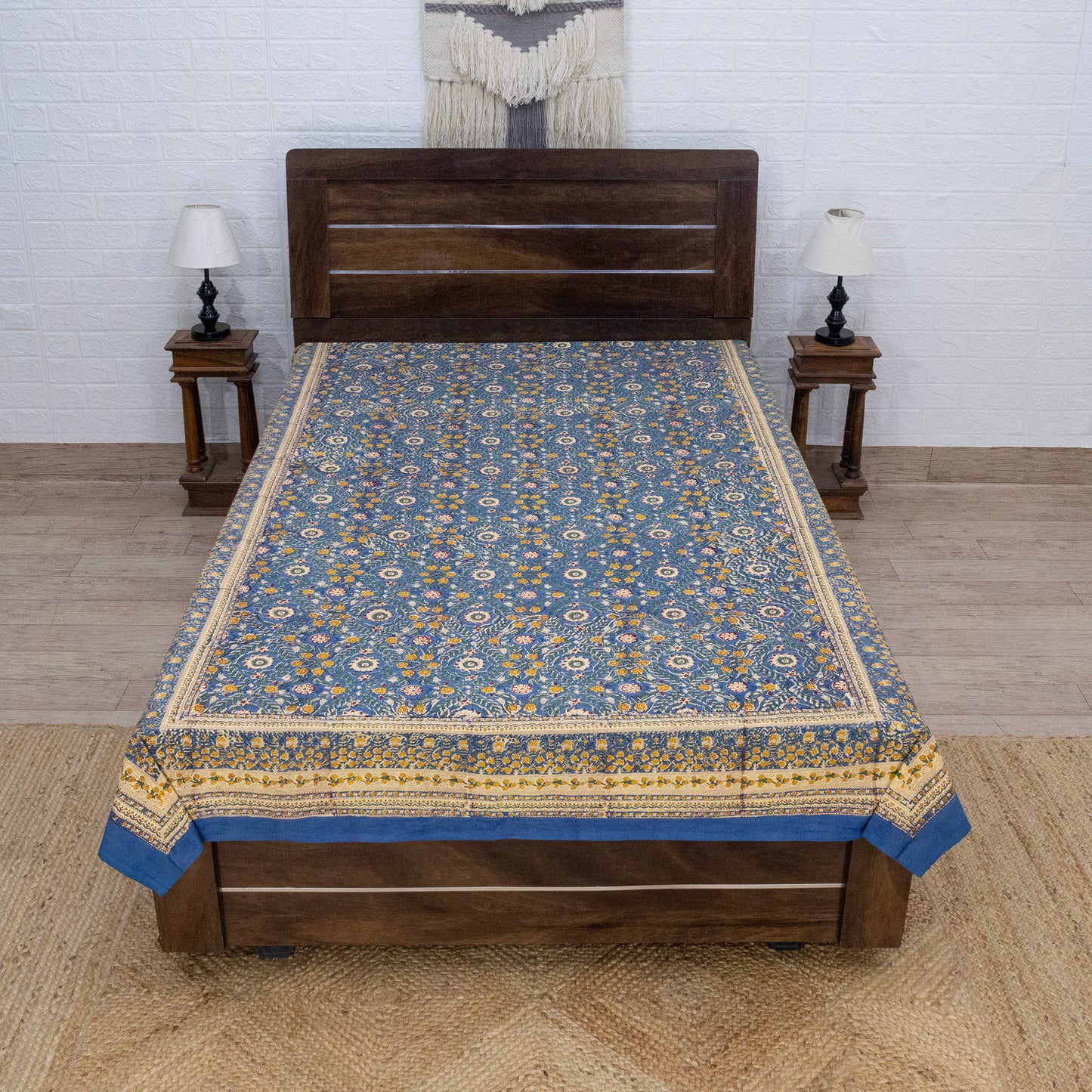 Cotton Bedsheet – Hand Block Floral Print – Blue and Yellow – King, Queen, Twin Sizes - My Store