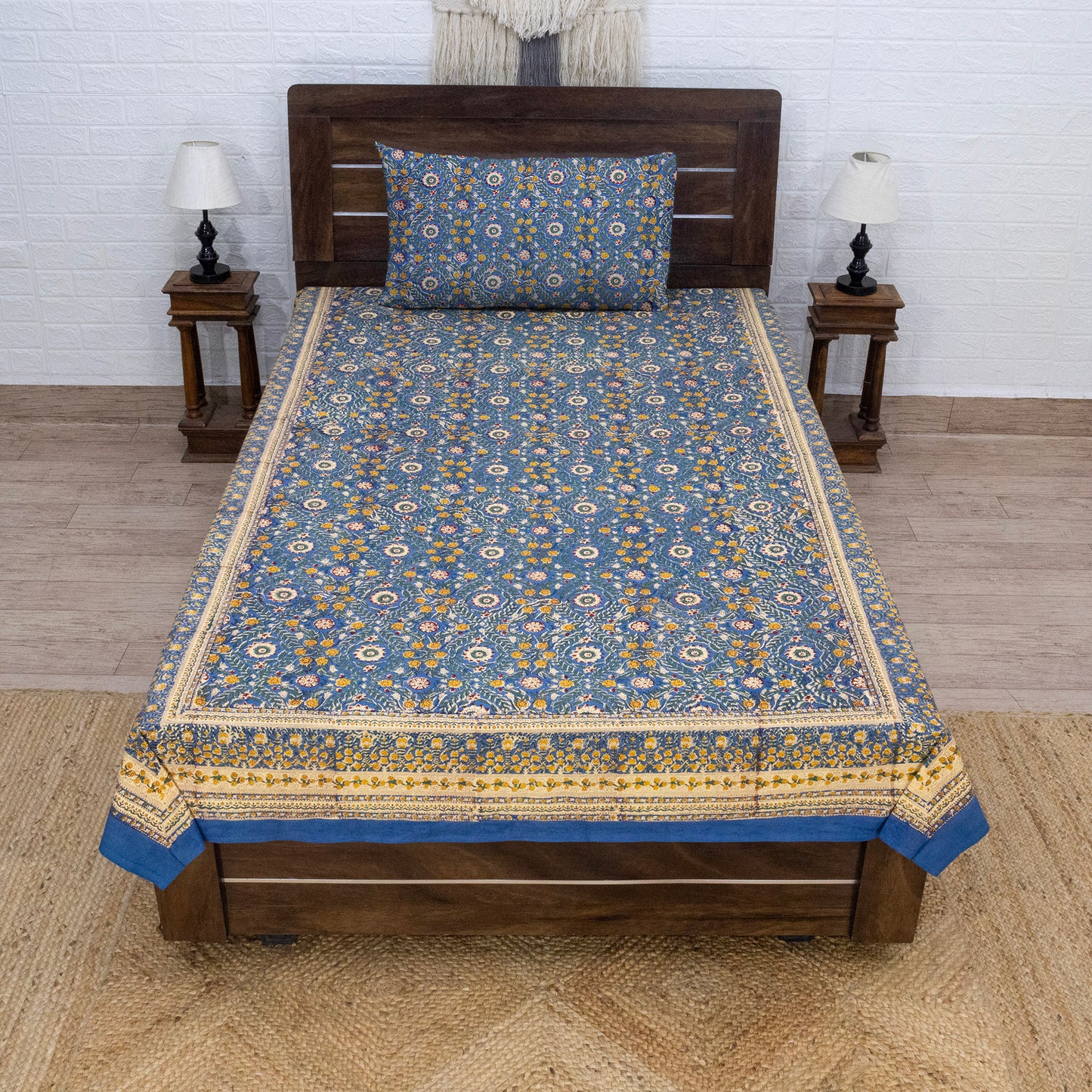 Cotton Bedsheet – Hand Block Floral Print – Blue and Yellow – King, Queen, Twin Sizes - My Store