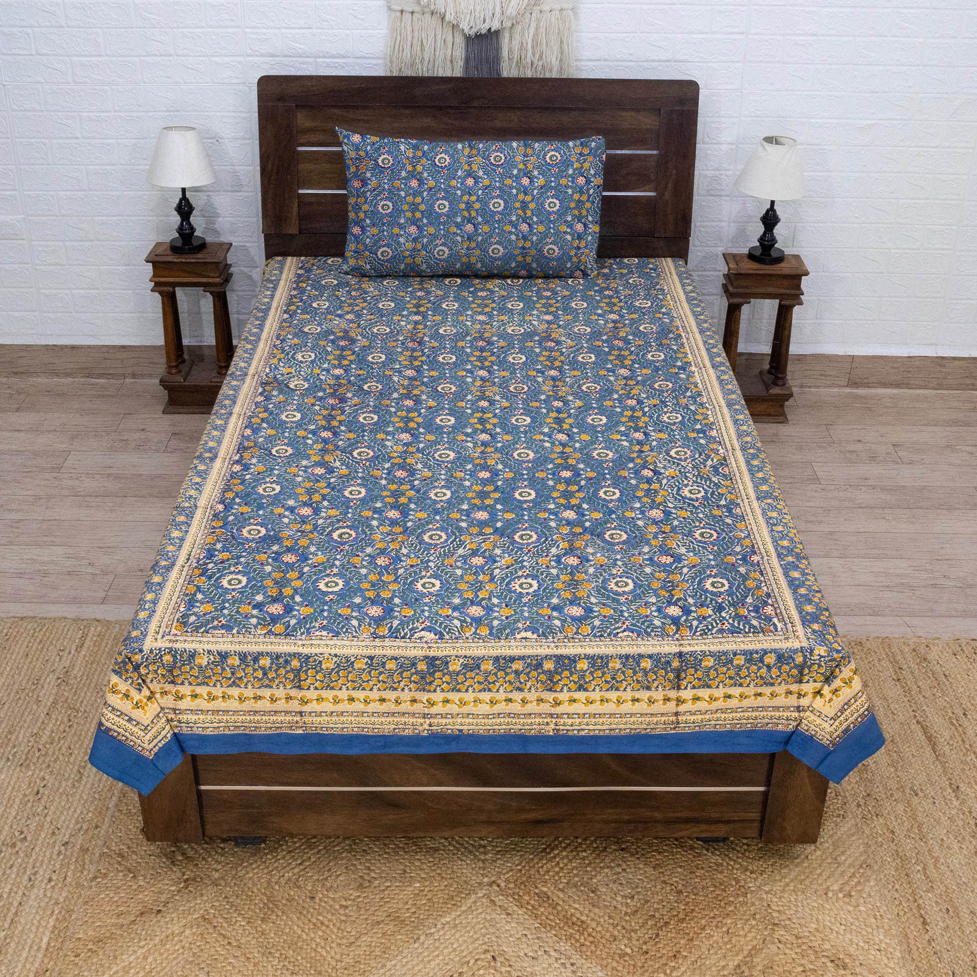 Cotton Bedsheet – Hand Block Floral Print – Blue and Yellow – King, Queen, Twin Sizes - My Store