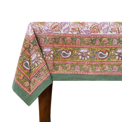Indian Handmade Block Printed Cotton Orange and Green Rectangle Tablecloth - My Store