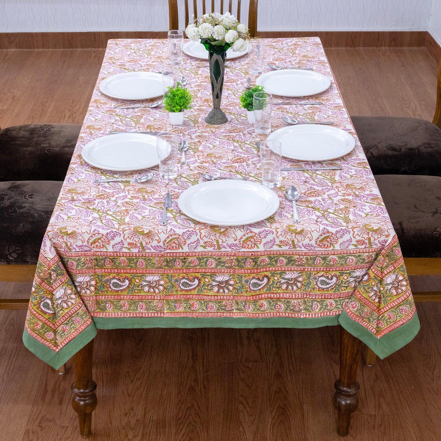 Indian Handmade Block Printed Cotton Orange and Green Rectangle Tablecloth - My Store