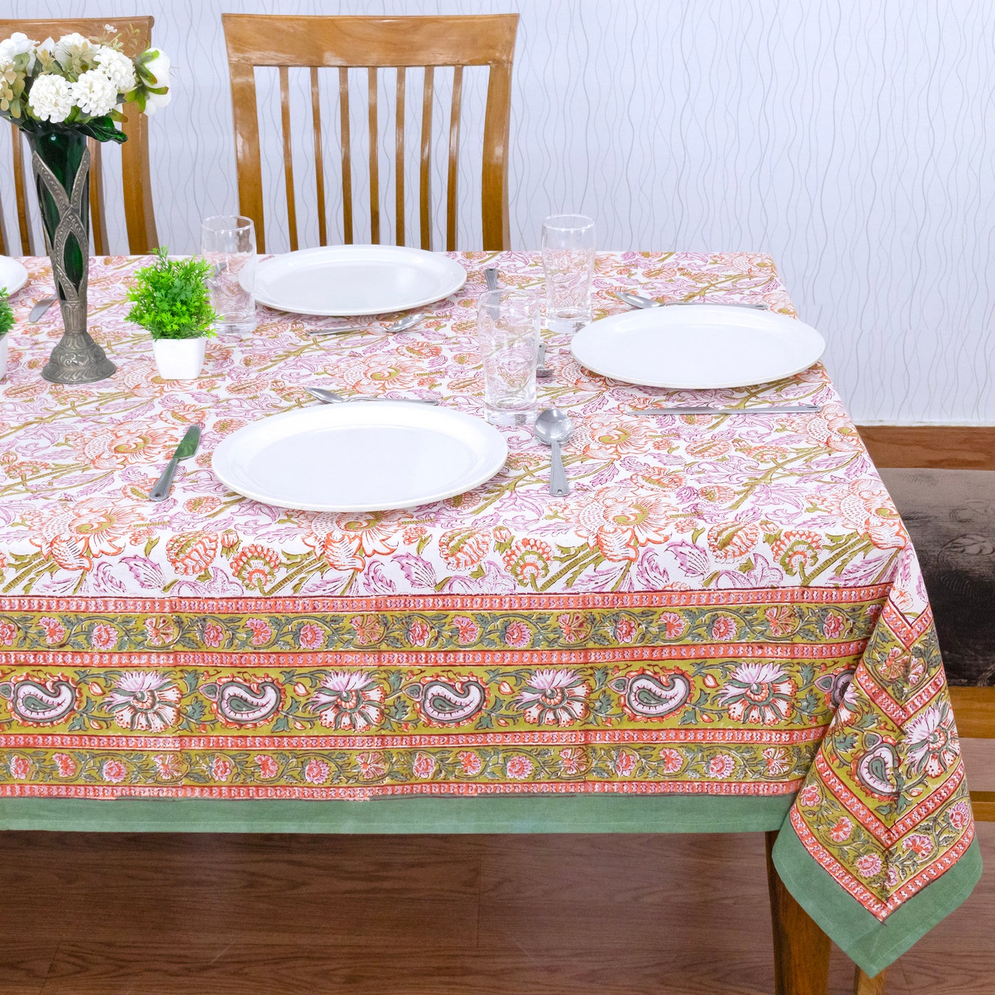 Indian Handmade Block Printed Cotton Orange and Green Rectangle Tablecloth - My Store
