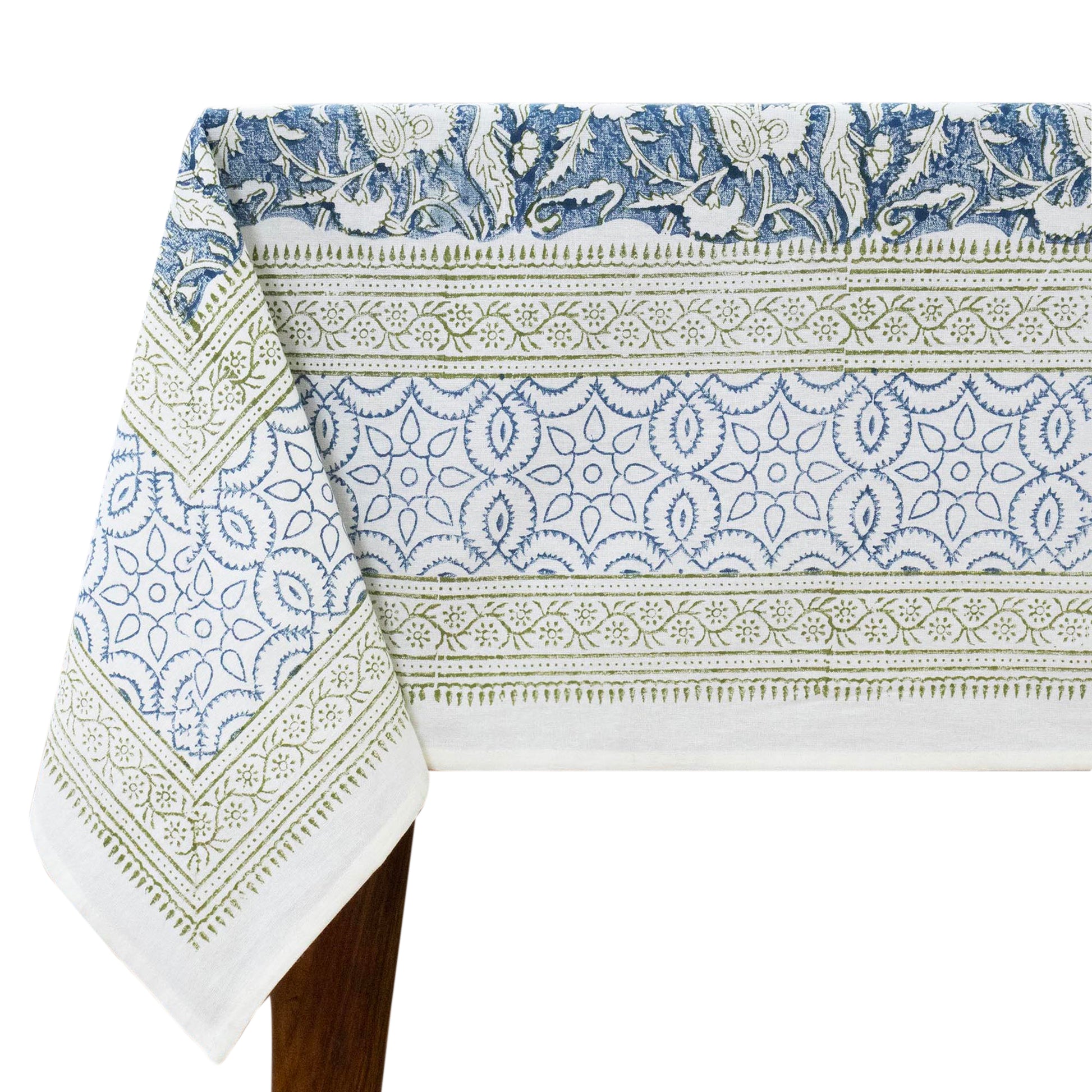 Indian Handmade Block Printed Cotton Blue and Green Rectangle Tablecloth - My Store