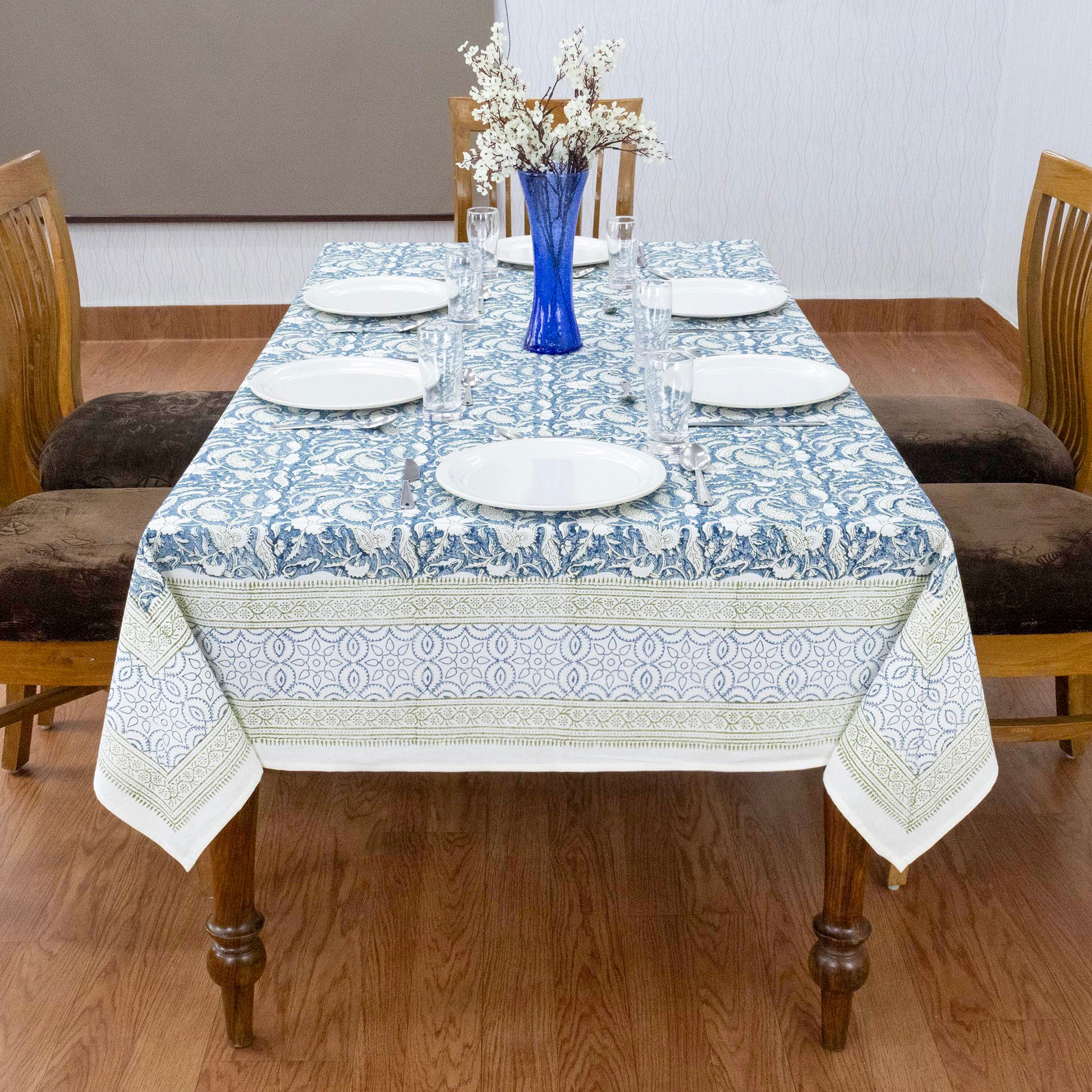 Indian Handmade Block Printed Cotton Blue and Green Rectangle Tablecloth - My Store