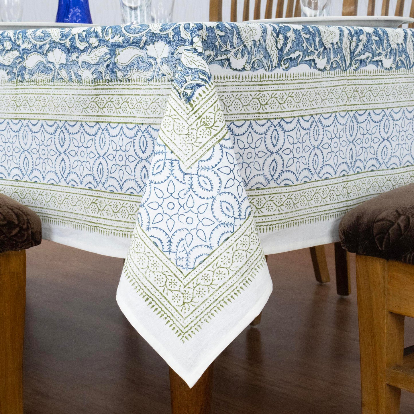 Indian Handmade Block Printed Cotton Blue and Green Rectangle Tablecloth - My Store
