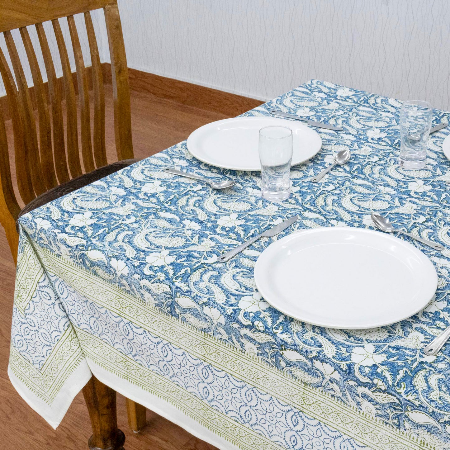 Indian Handmade Block Printed Cotton Blue and Green Rectangle Tablecloth - My Store