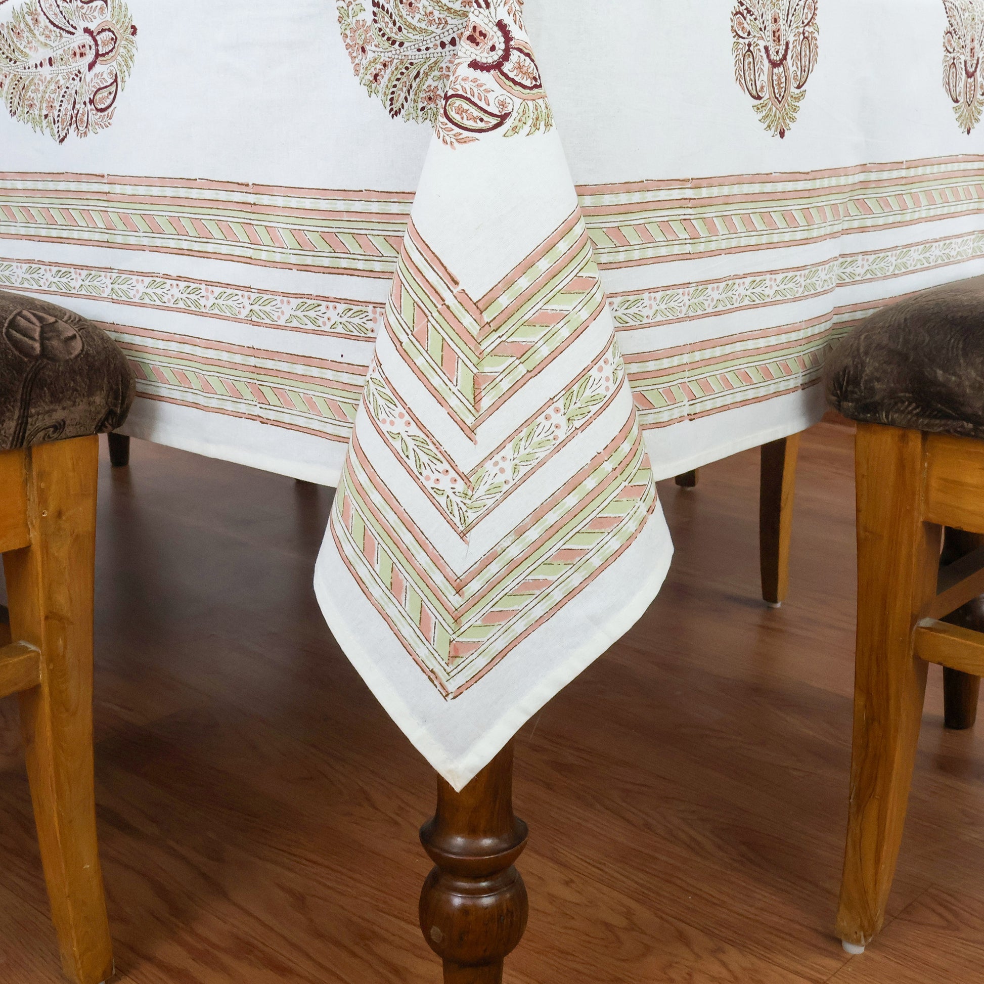Indian Handmade Block Printed Cotton White and Brown Rectangle Tablecloth - My Store