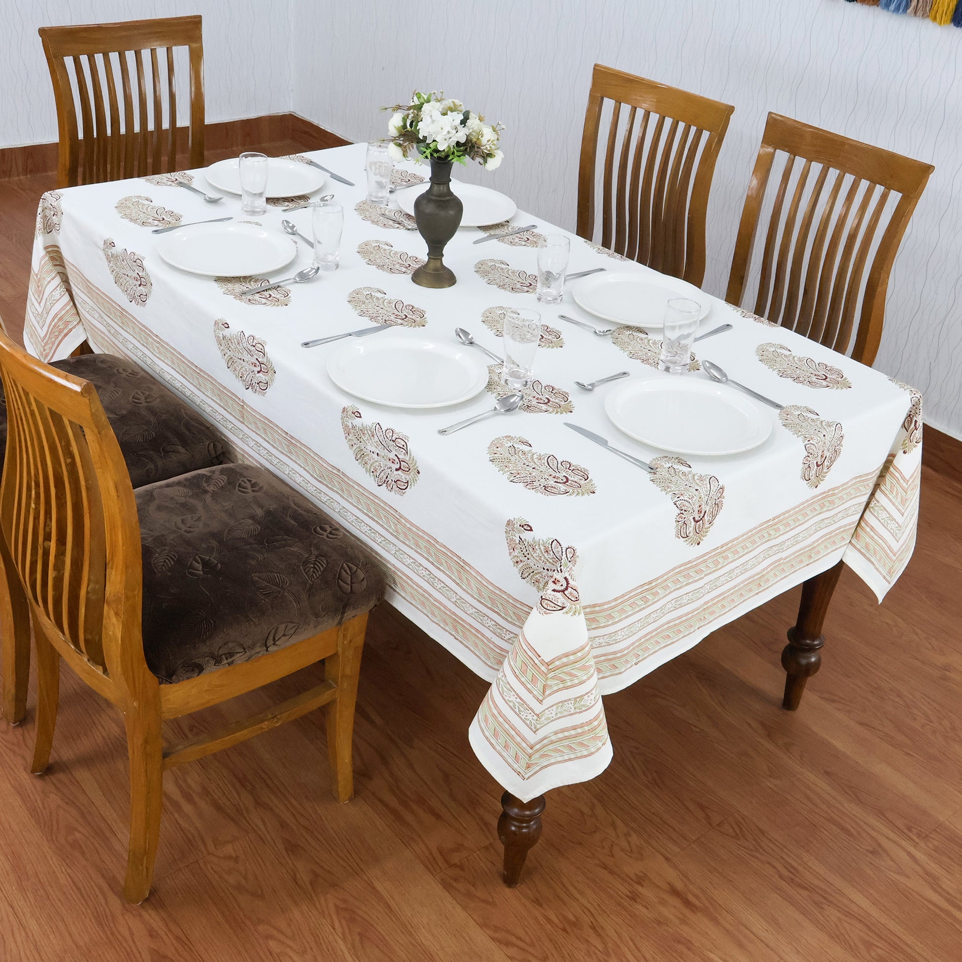 Indian Handmade Block Printed Cotton White and Brown Rectangle Tablecloth - My Store
