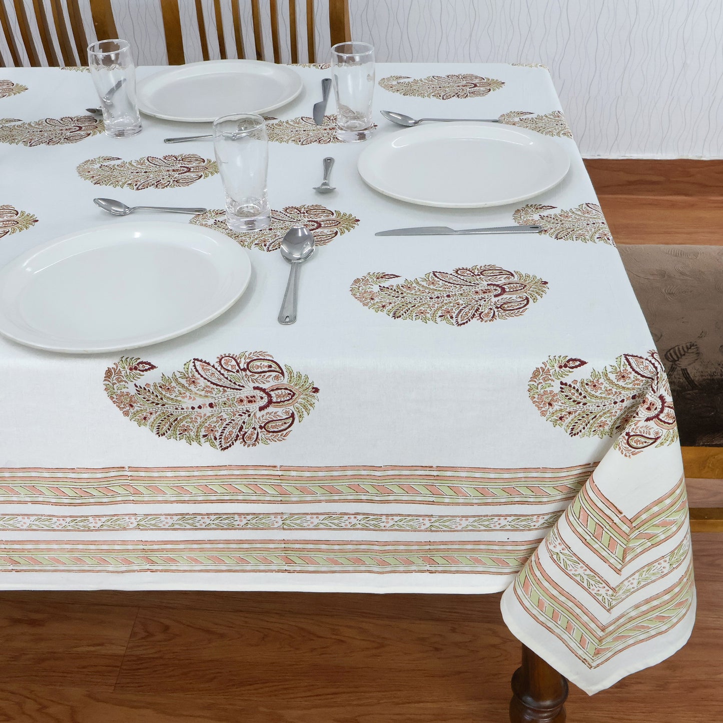 Indian Handmade Block Printed Cotton White and Brown Rectangle Tablecloth - My Store