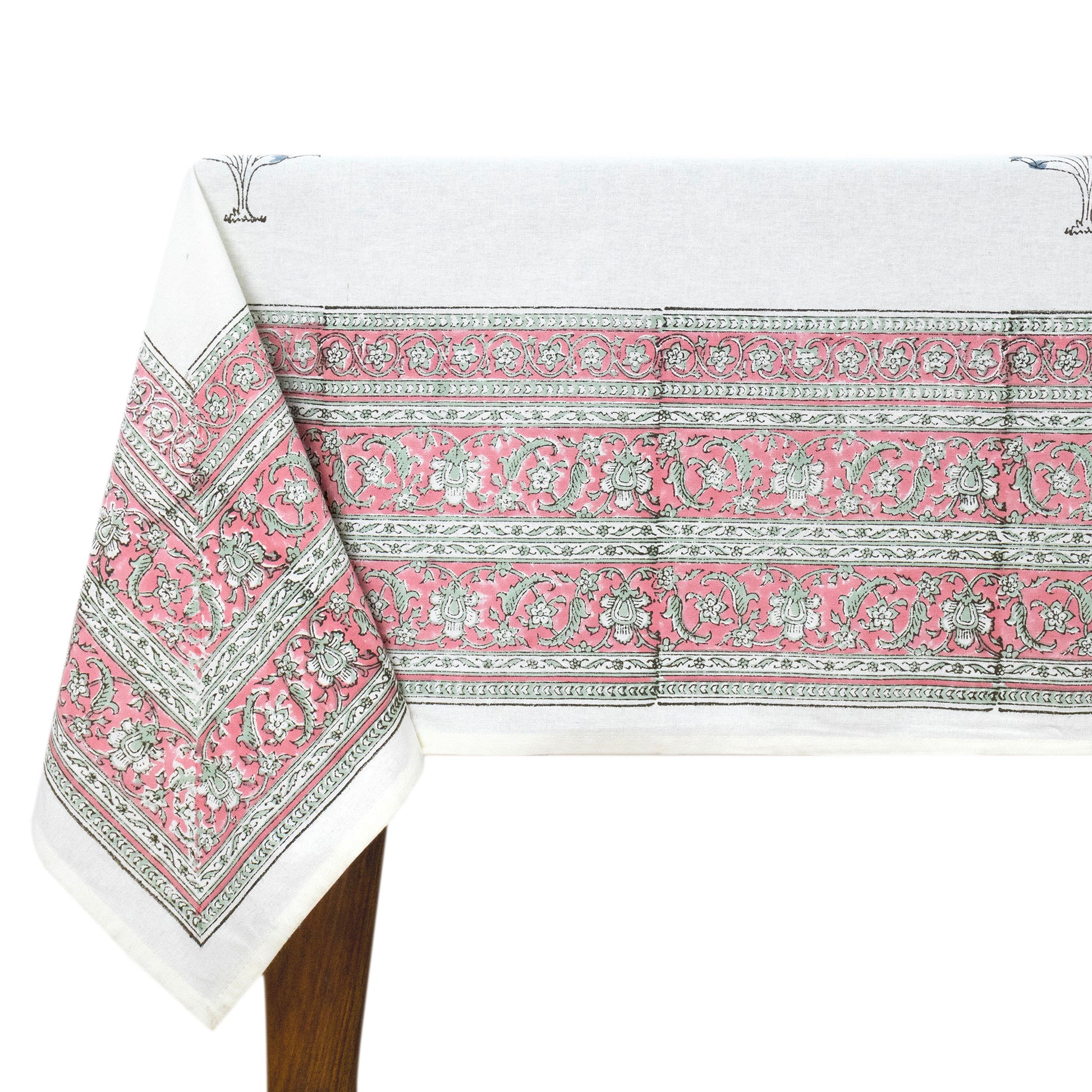 Indian Handmade Block Printed Cotton White and Pink Rectangle Tablecloth - My Store