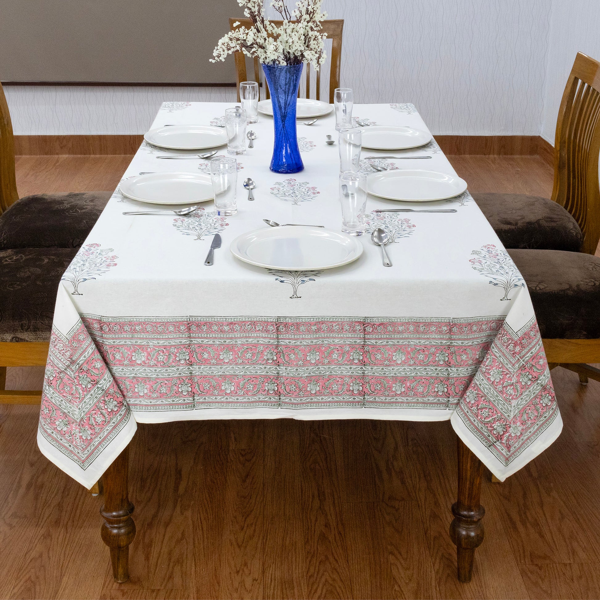 Indian Handmade Block Printed Cotton White and Pink Rectangle Tablecloth - My Store