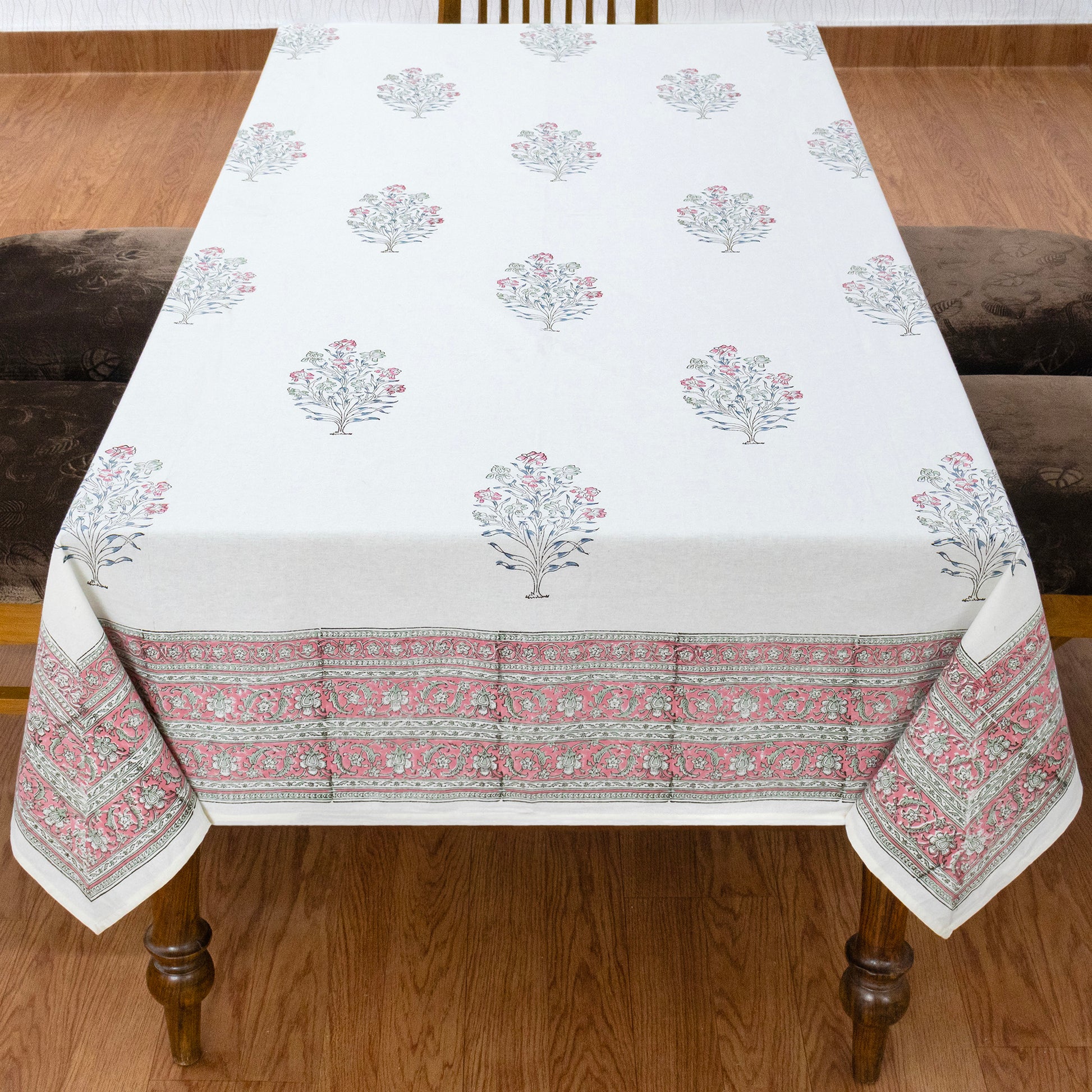 Indian Handmade Block Printed Cotton White and Pink Rectangle Tablecloth - My Store