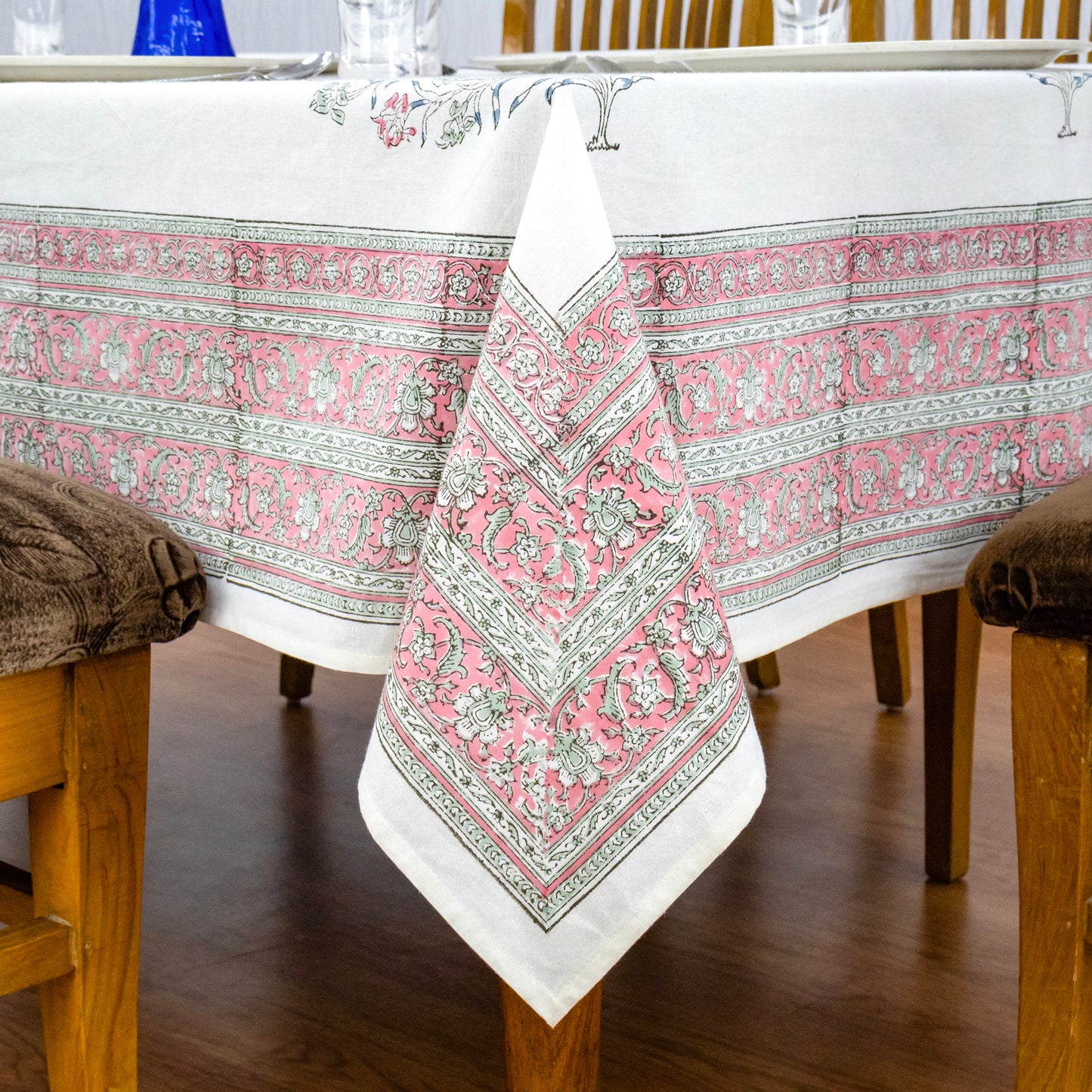 Indian Handmade Block Printed Cotton White and Pink Rectangle Tablecloth - My Store