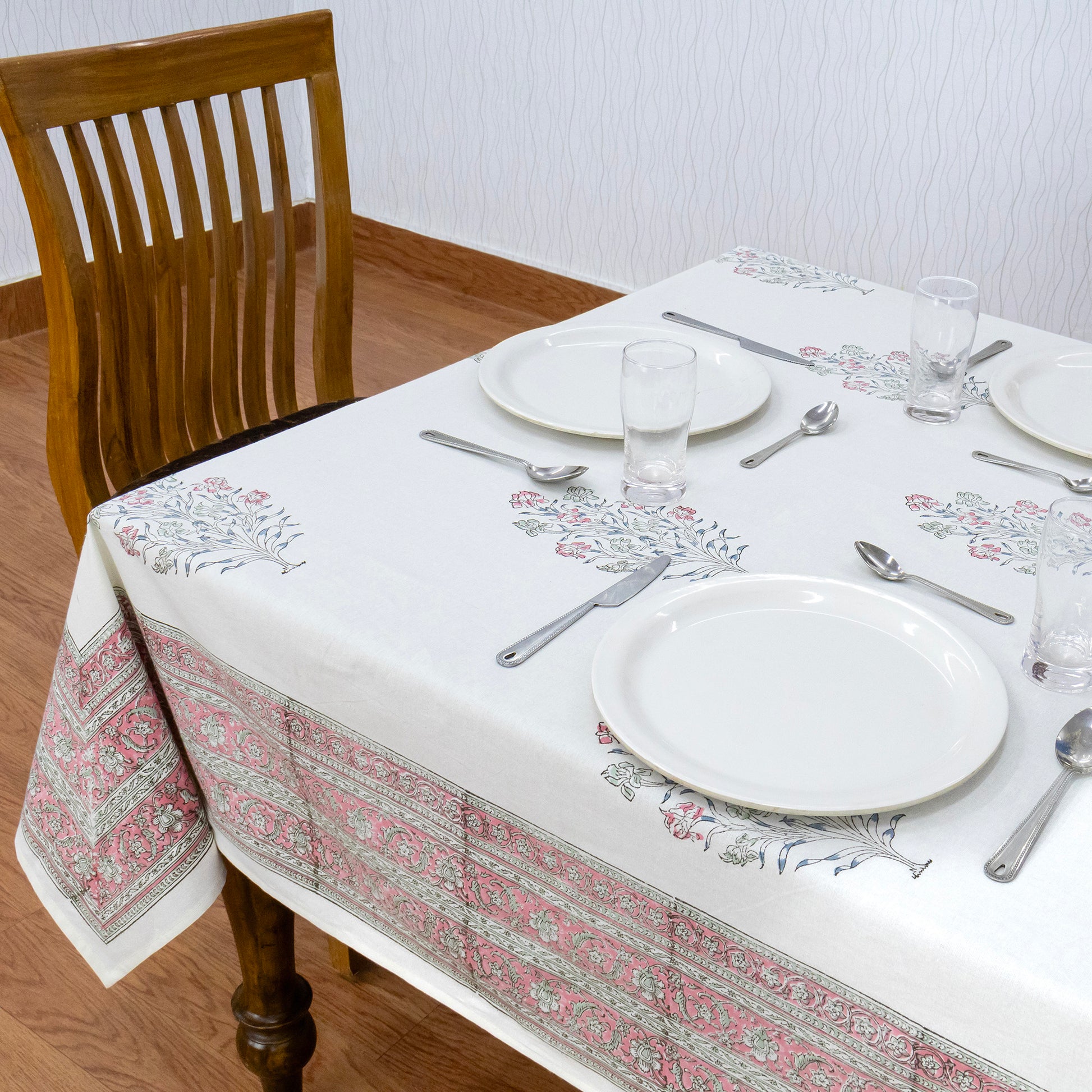 Indian Handmade Block Printed Cotton White and Pink Rectangle Tablecloth - My Store