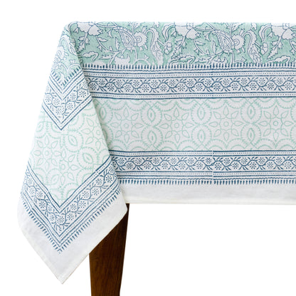 Indian Handmade Block Printed Cotton Green and Blue Rectangle Tablecloth - My Store