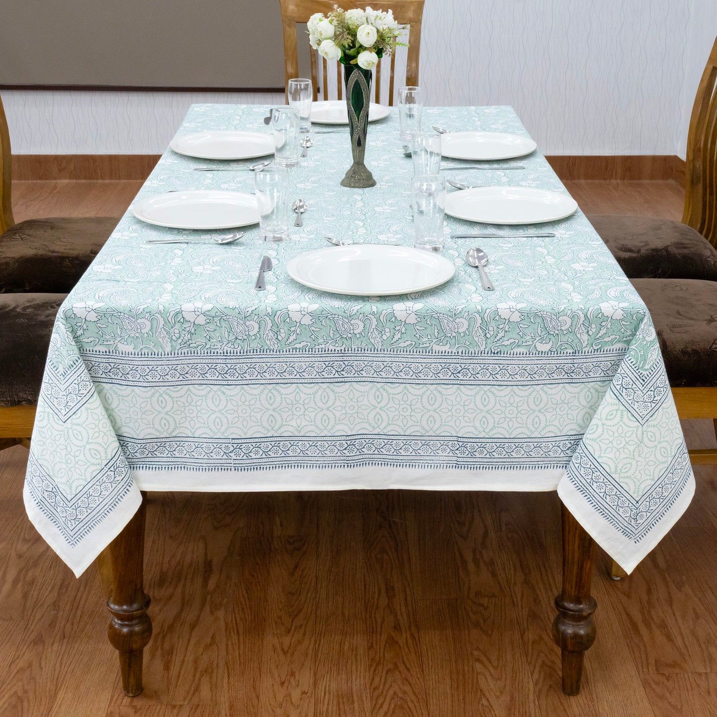Indian Handmade Block Printed Cotton Green and Blue Rectangle Tablecloth - My Store
