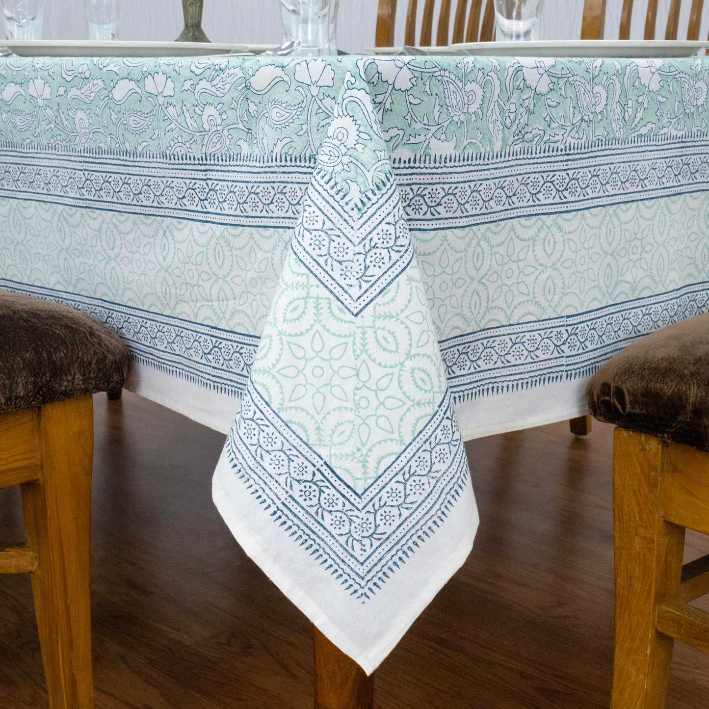 Indian Handmade Block Printed Cotton Green and Blue Rectangle Tablecloth - My Store