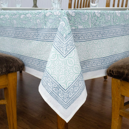 Indian Handmade Block Printed Cotton Green and Blue Rectangle Tablecloth - My Store