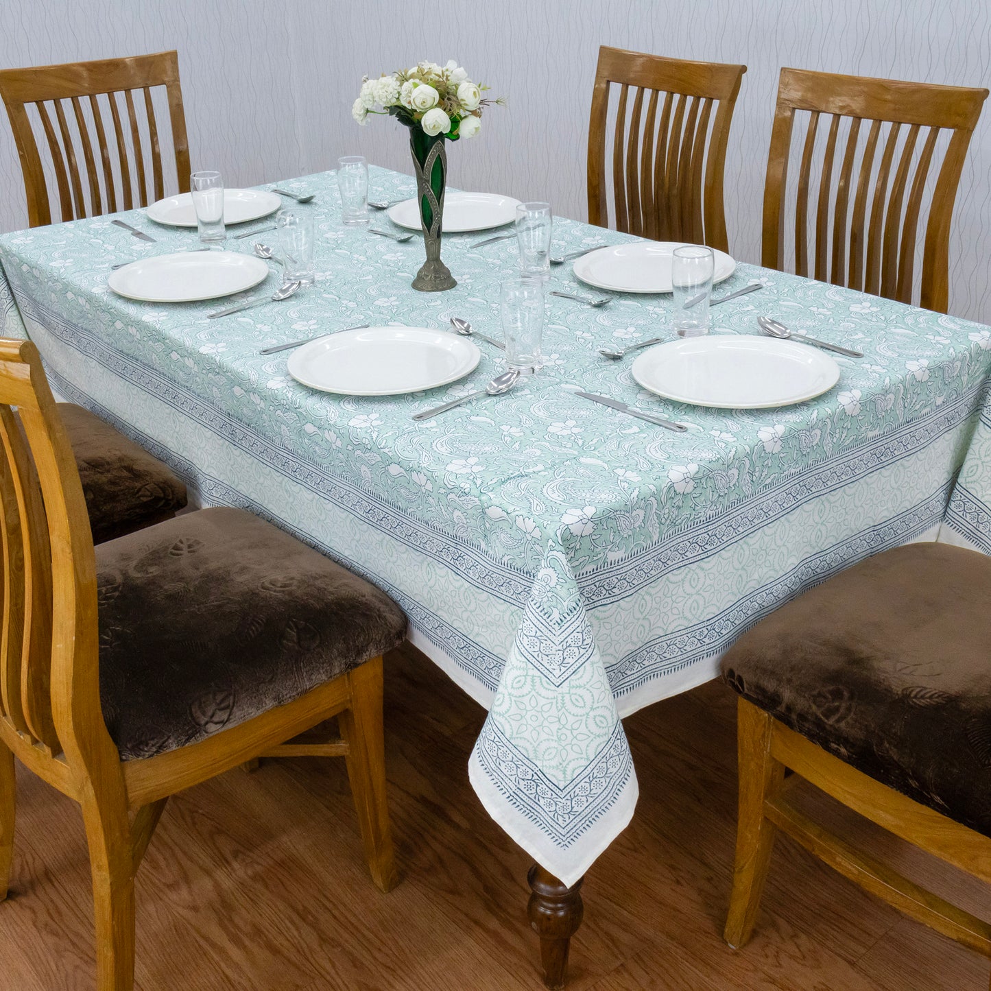 Indian Handmade Block Printed Cotton Green and Blue Rectangle Tablecloth - My Store