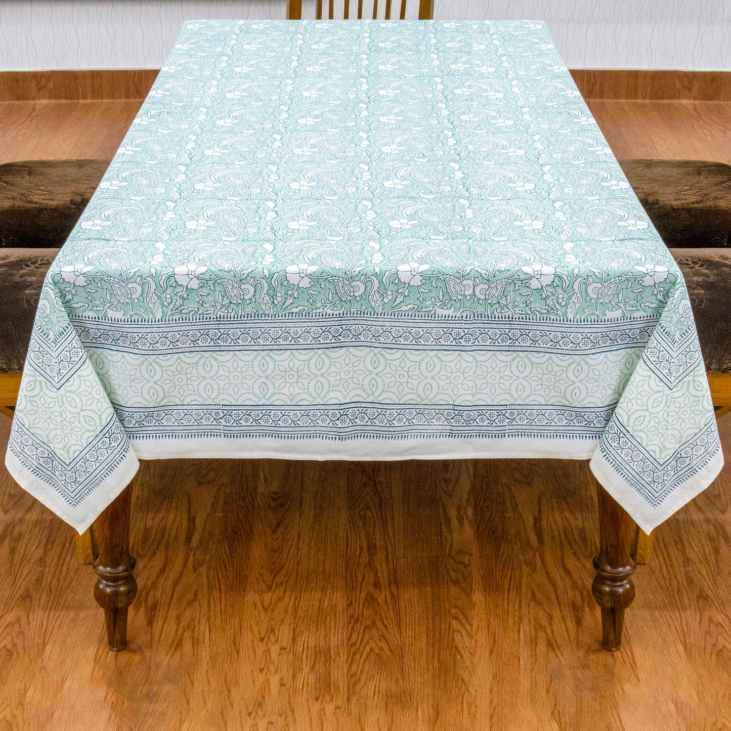 Indian Handmade Block Printed Cotton Green and Blue Rectangle Tablecloth - My Store