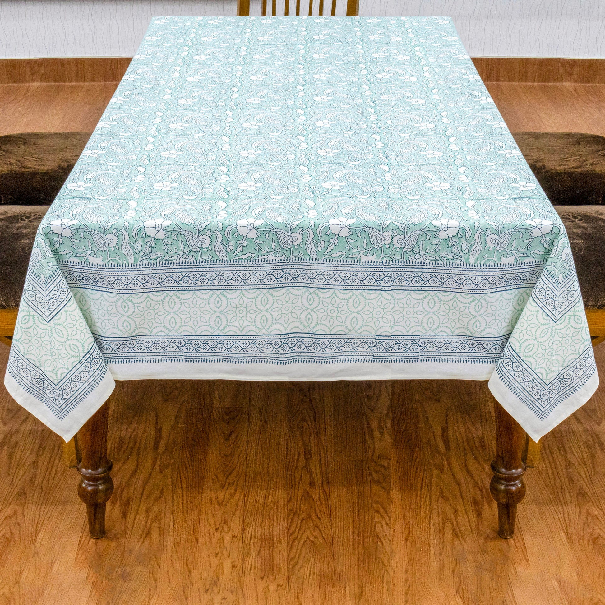 Indian Handmade Block Printed Cotton Green and Blue Rectangle Tablecloth - My Store