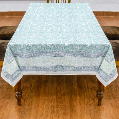 Indian Handmade Block Printed Cotton Green and Blue Rectangle Tablecloth - My Store