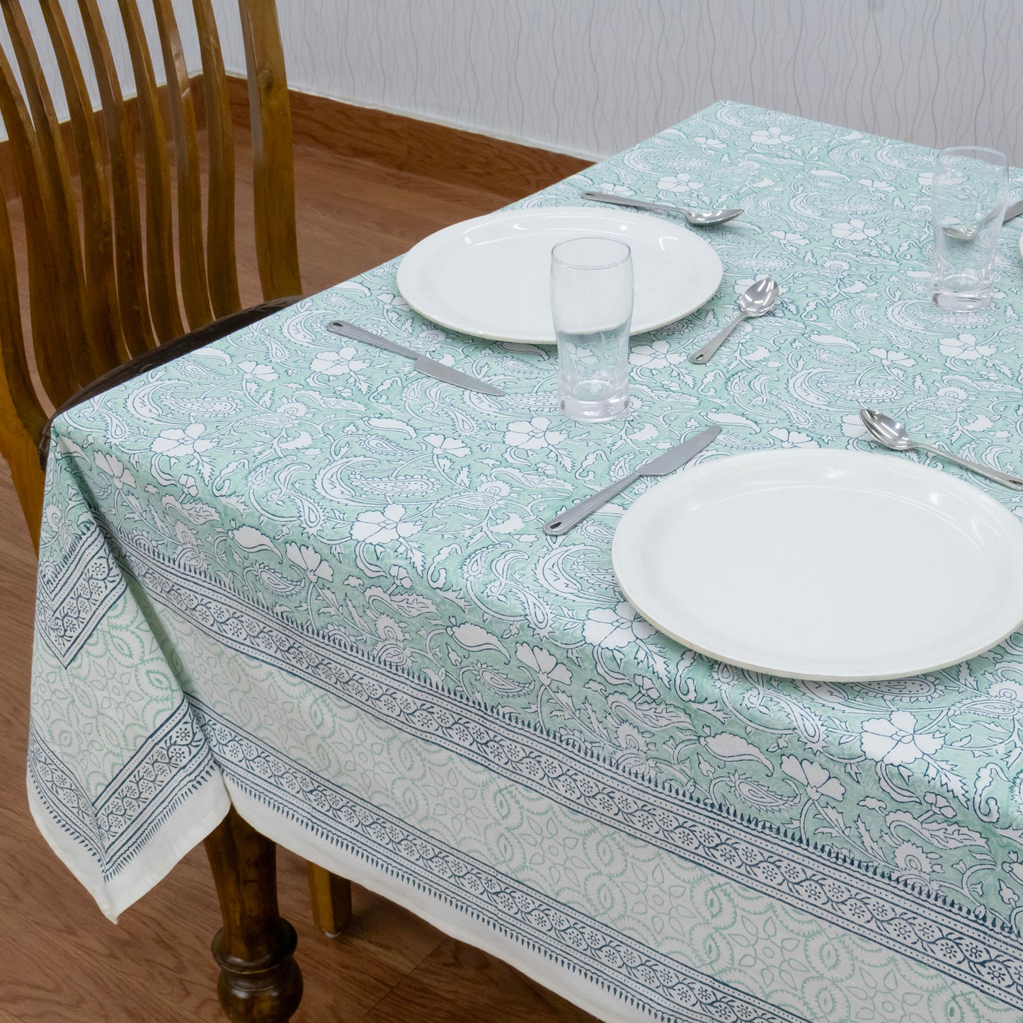 Indian Handmade Block Printed Cotton Green and Blue Rectangle Tablecloth - My Store