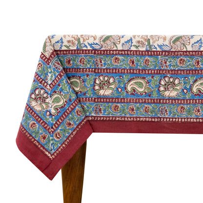 Indian Handmade Block Printed Cotton Orange and Blue Rectangle Tablecloth - My Store