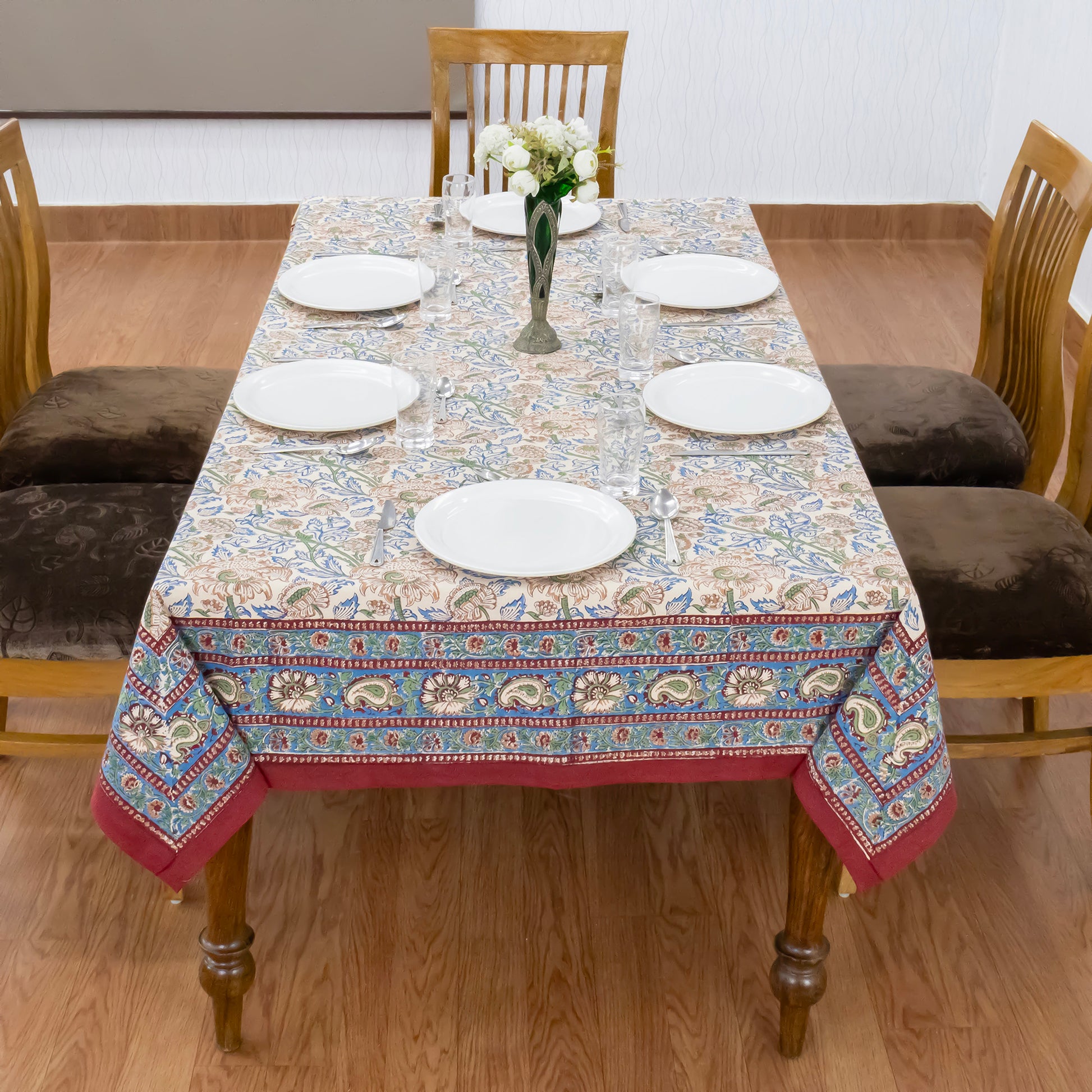 Indian Handmade Block Printed Cotton Orange and Blue Rectangle Tablecloth - My Store
