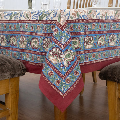 Indian Handmade Block Printed Cotton Orange and Blue Rectangle Tablecloth - My Store