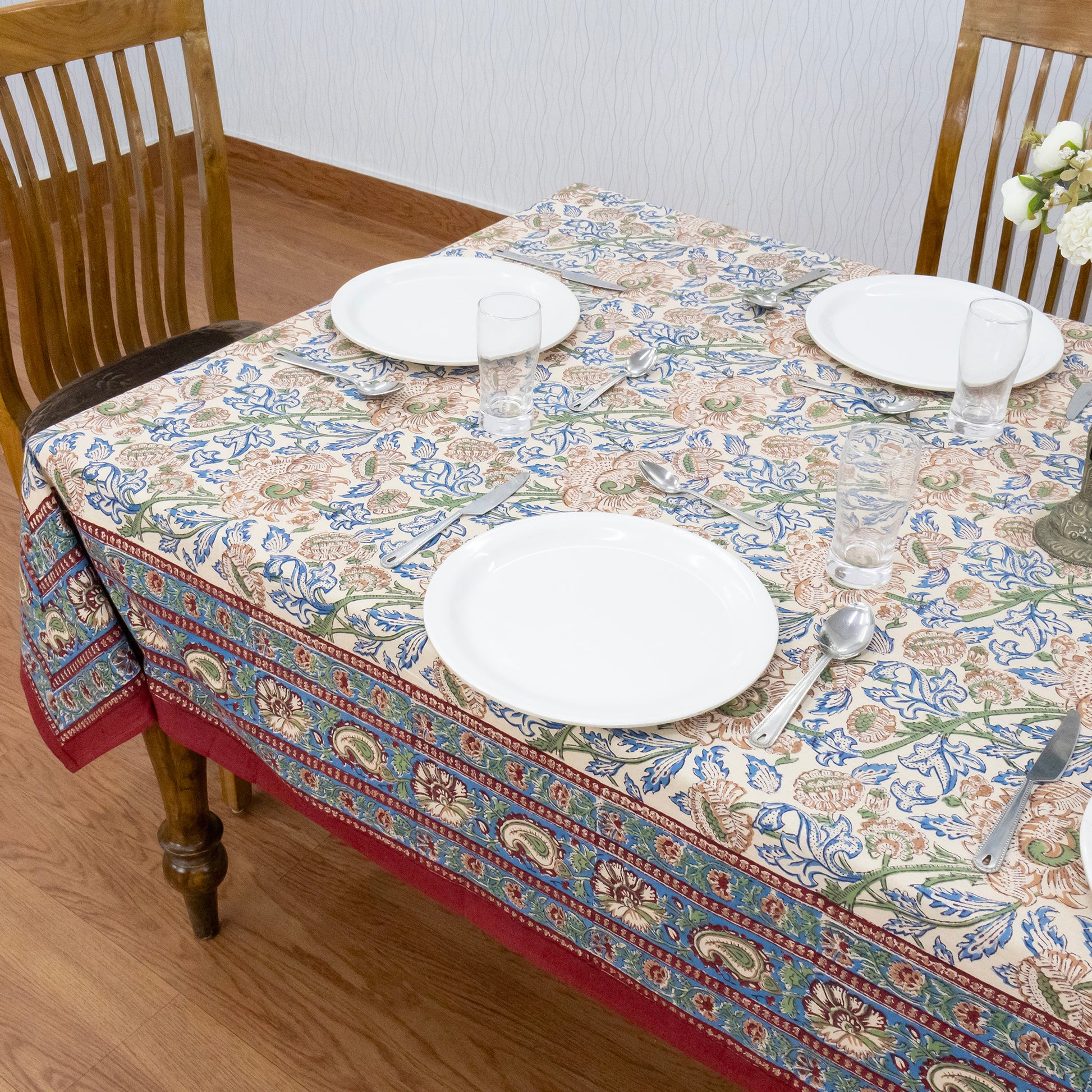 Indian Handmade Block Printed Cotton Orange and Blue Rectangle Tablecloth - My Store