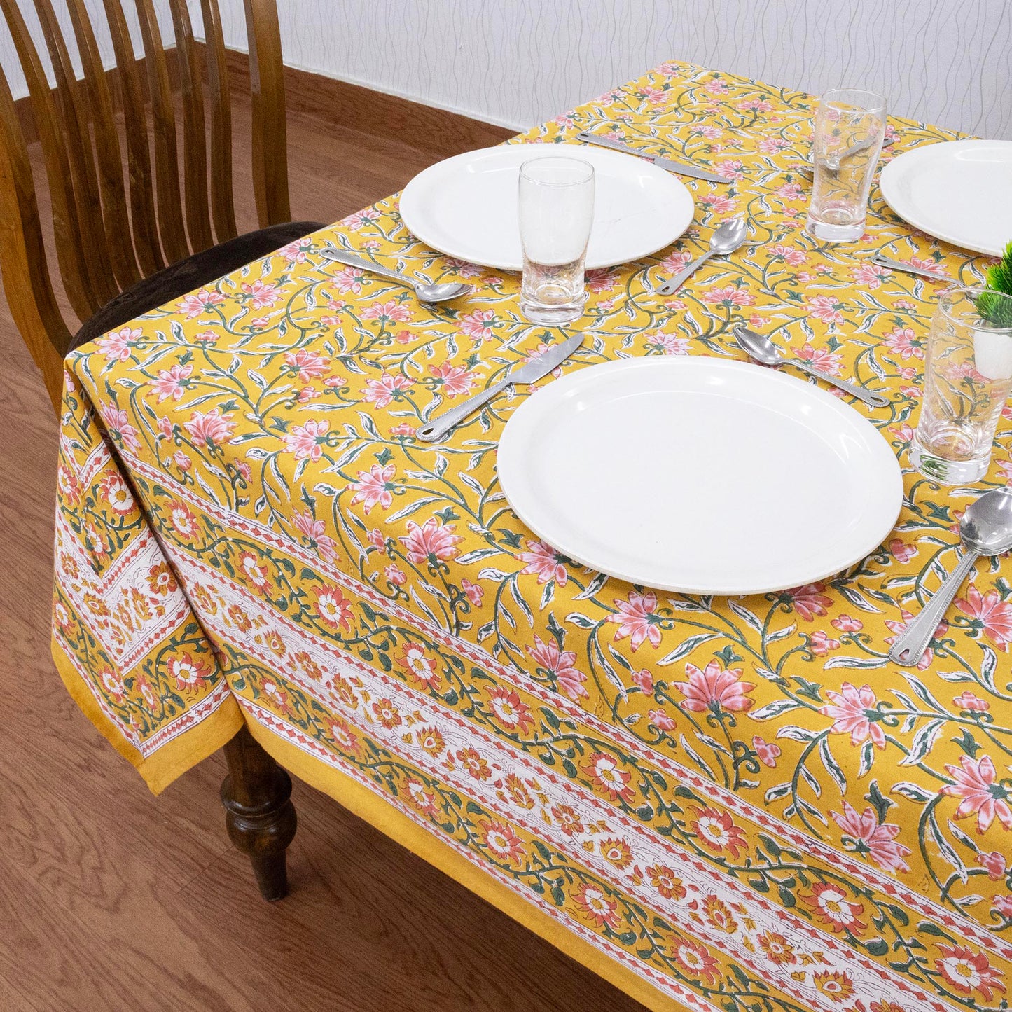 Indian Handmade Block Printed Cotton Yellow ad Pink Rectangle Tablecloth - My Store