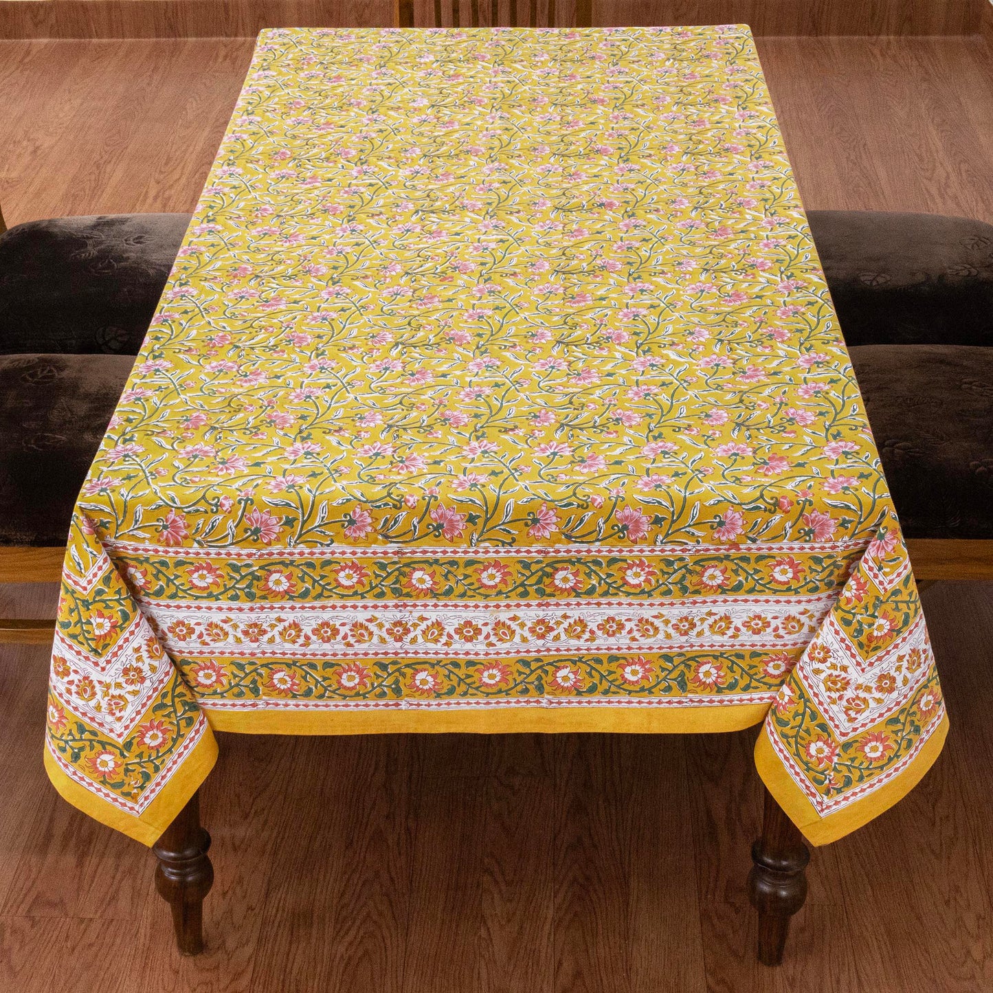 Indian Handmade Block Printed Cotton Yellow ad Pink Rectangle Tablecloth - My Store