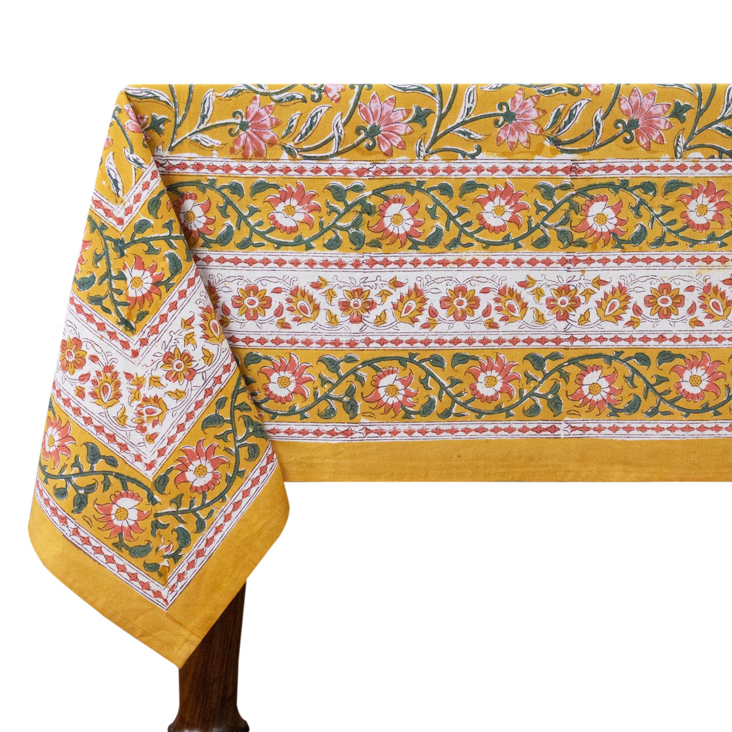 Indian Handmade Block Printed Cotton Yellow ad Pink Rectangle Tablecloth - My Store