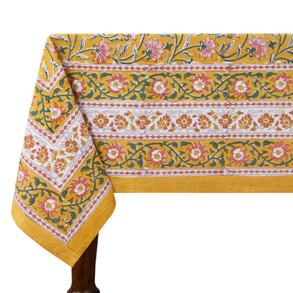 Indian Handmade Block Printed Cotton Yellow ad Pink Rectangle Tablecloth - My Store